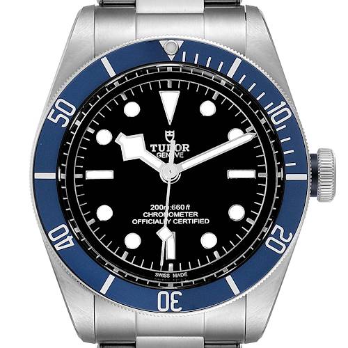 The image shows a front view of the Tudor Heritage Black Bay 79230B Men's Stainless Steel Black Dial 79230B Men's Stainless Steel Black Dial watch, highlighting the dial, bezel, hands, and part of the bracelet.