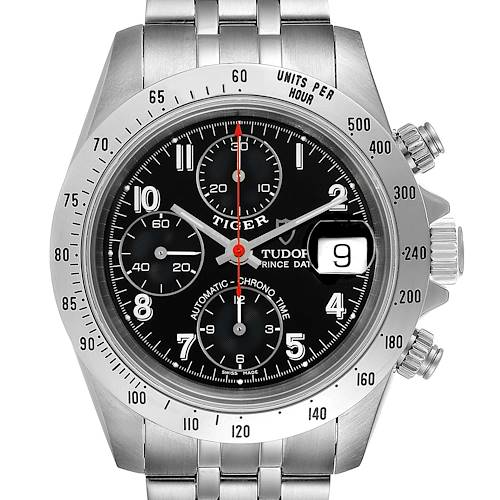 The image shows a frontal view of the Tudor Prince model watch, highlighting the dial, bezel, and chronograph sub-dials.