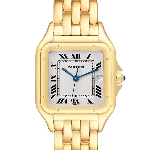 The image shows a front view of the Cartier Panthère watch, highlighting its gold case, bracelet, and Roman numeral dial.