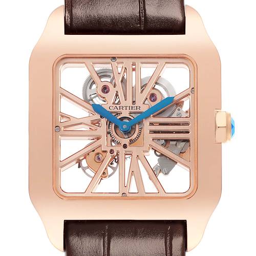 The Cartier Santos 65759 Men's Rose Gold Transparent Dial 65759 Men's Rose Gold Transparent Dial watch is shown from a front view, displaying its skeleton dial and brown leather strap.