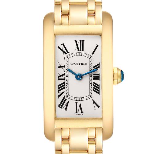 The Cartier Tank Americaine W26015K2 Women's Yellow Gold Silver Dial W26015K2 Women's Yellow Gold Silver Dial watch is shown from the front, displaying its rectangular face and gold bracelet.