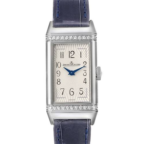 The image shows a Jaeger-LeCoultre Reverso watch from the front, highlighting its face, dial, hands, case, and strap.
