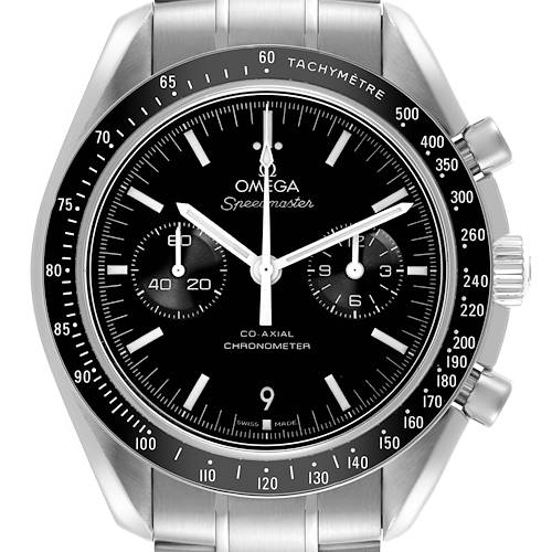 The Omega Seamaster 311.30.44.51.01.002 Men's Stainless Steel Black Dial 311.30.44.51.01.002 Men's Stainless Steel Black Dial watch is shown from the front displaying its dial, bezel, crown, and bracelet.