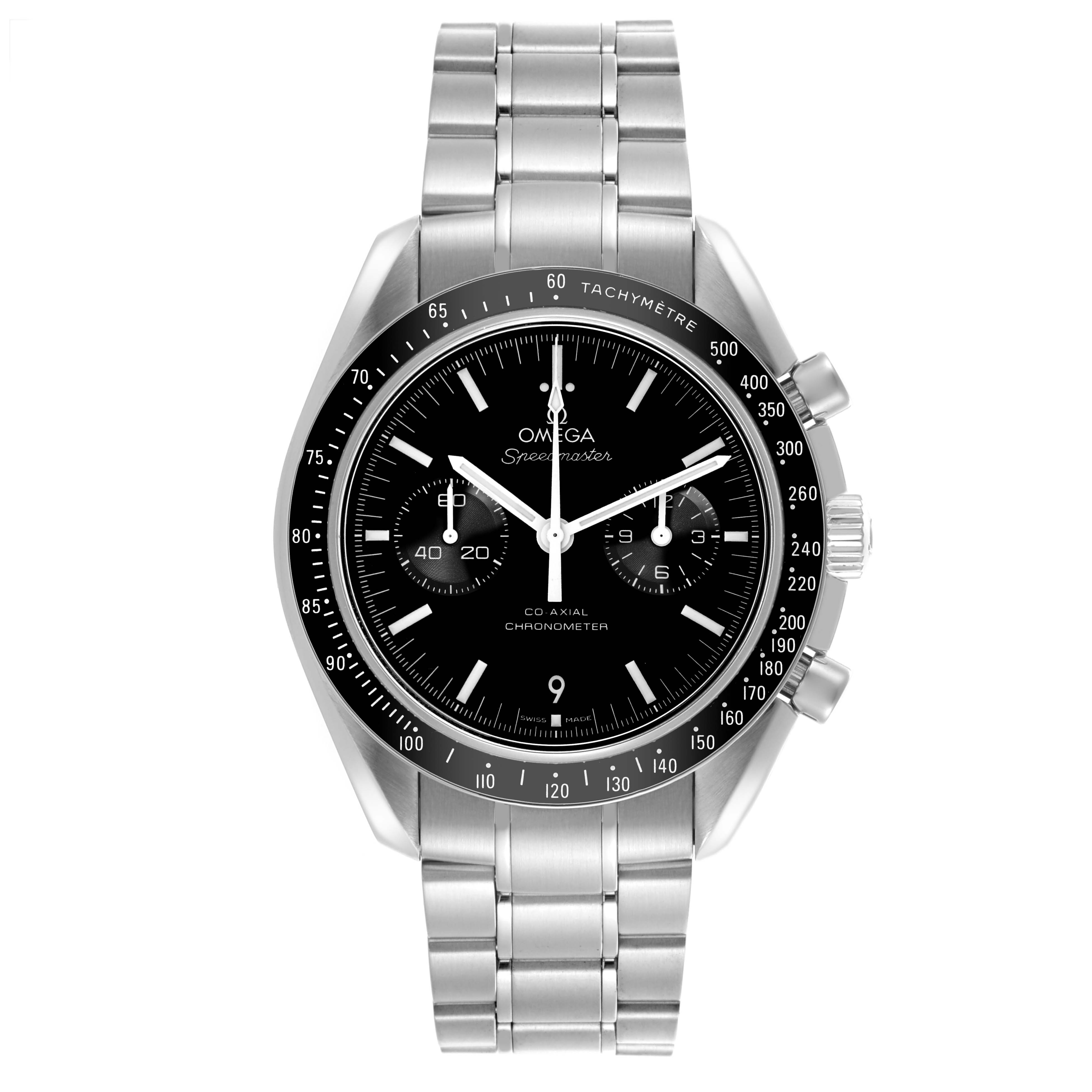 The Omega Seamaster 311.30.44.51.01.002 Men's Stainless Steel Black Dial 311.30.44.51.01.002 Men's Stainless Steel Black Dial watch is shown from a front angle, displaying its face, bezel, and metal bracelet.