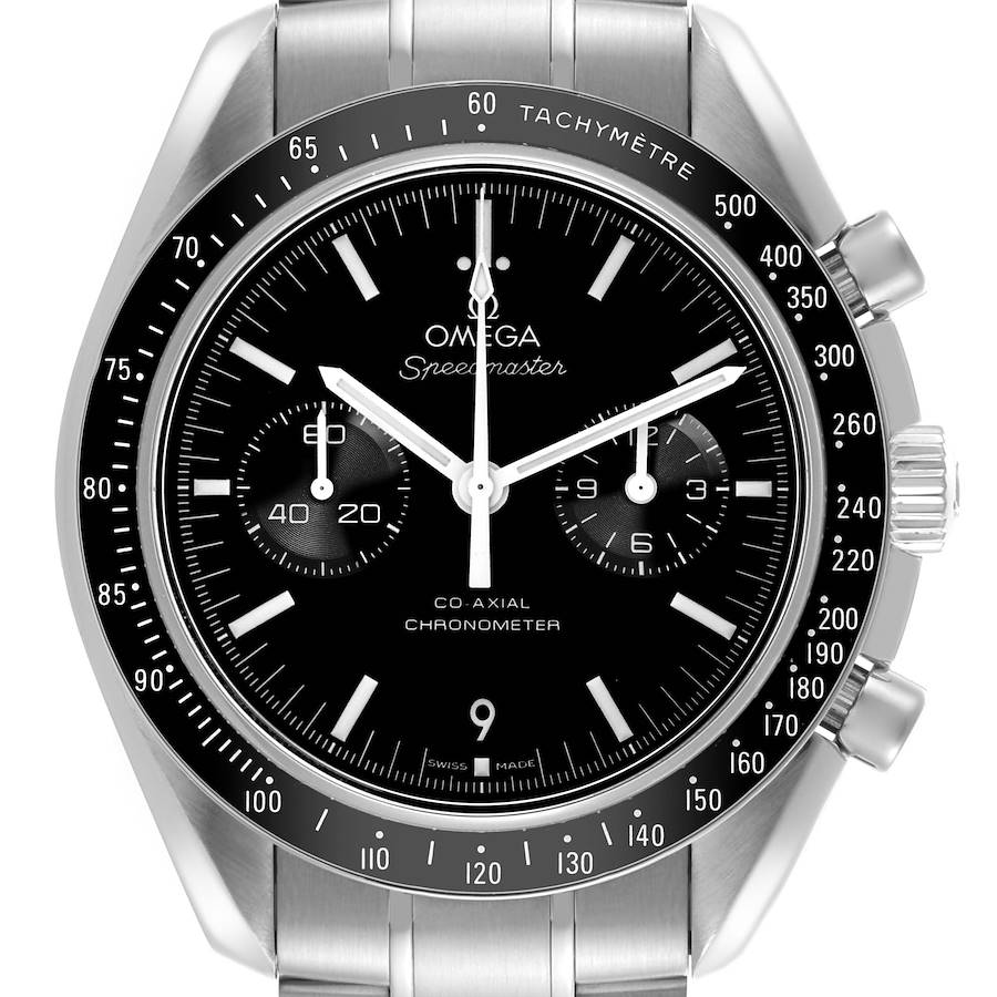The Omega Seamaster 311.30.44.51.01.002 Men's Stainless Steel Black Dial 311.30.44.51.01.002 Men's Stainless Steel Black Dial watch is shown from a front angle, highlighting the dial, bezel, and crown.