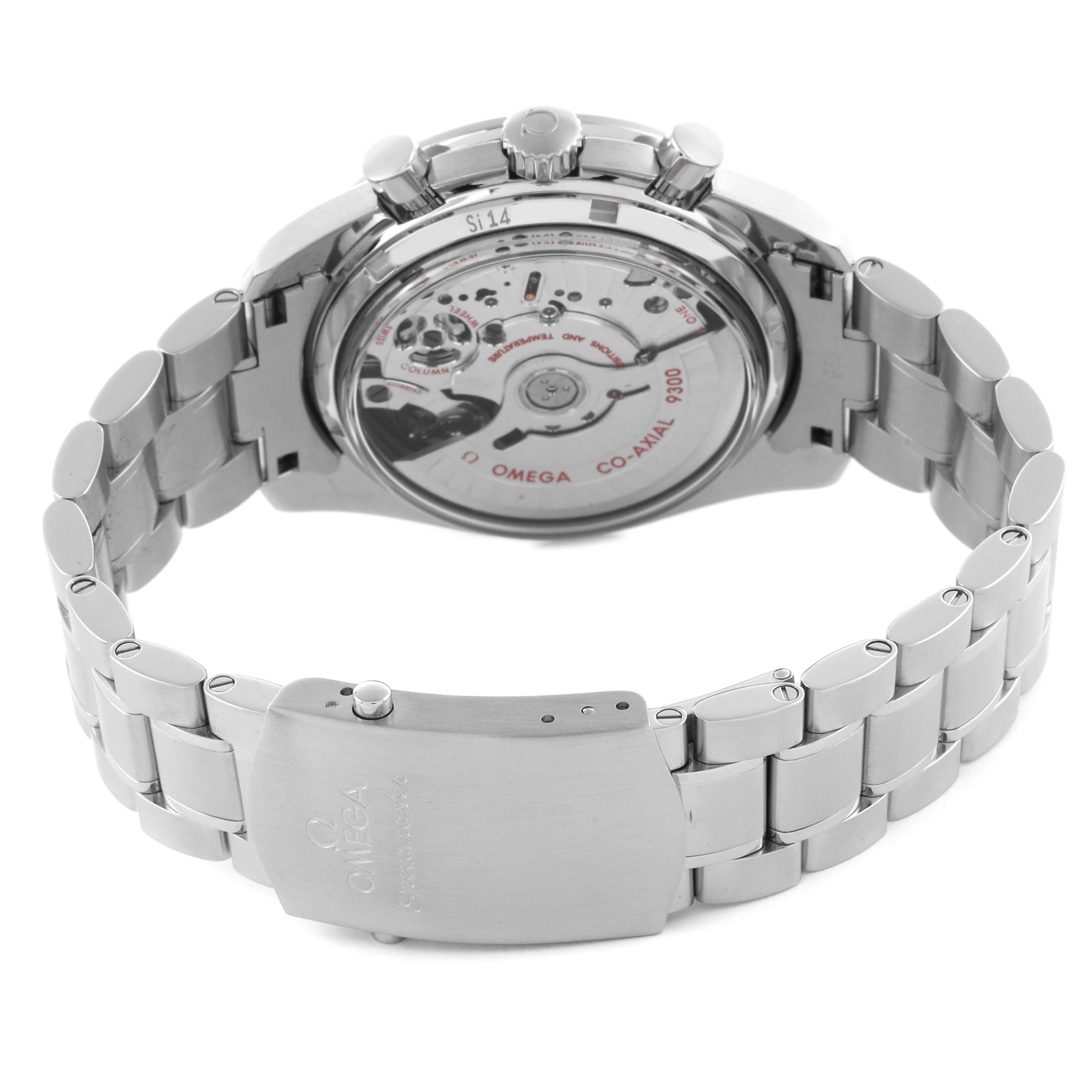 The image shows the back view of an Omega Seamaster 311.30.44.51.01.002 Men's Stainless Steel Black Dial 311.30.44.51.01.002 Men's Stainless Steel Black Dial, highlighting the open case back and stainless steel bracelet.