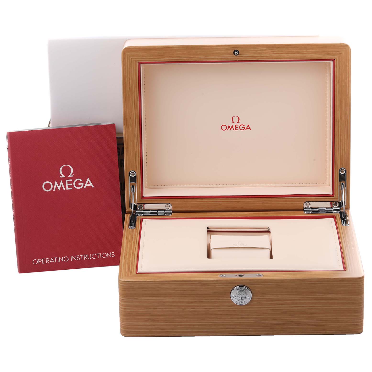 The image shows the Omega Seamaster 311.30.44.51.01.002 Men's Stainless Steel Black Dial 311.30.44.51.01.002 Men's Stainless Steel Black Dial watch box and operating instructions, with the box open, displaying the interior and hinges.