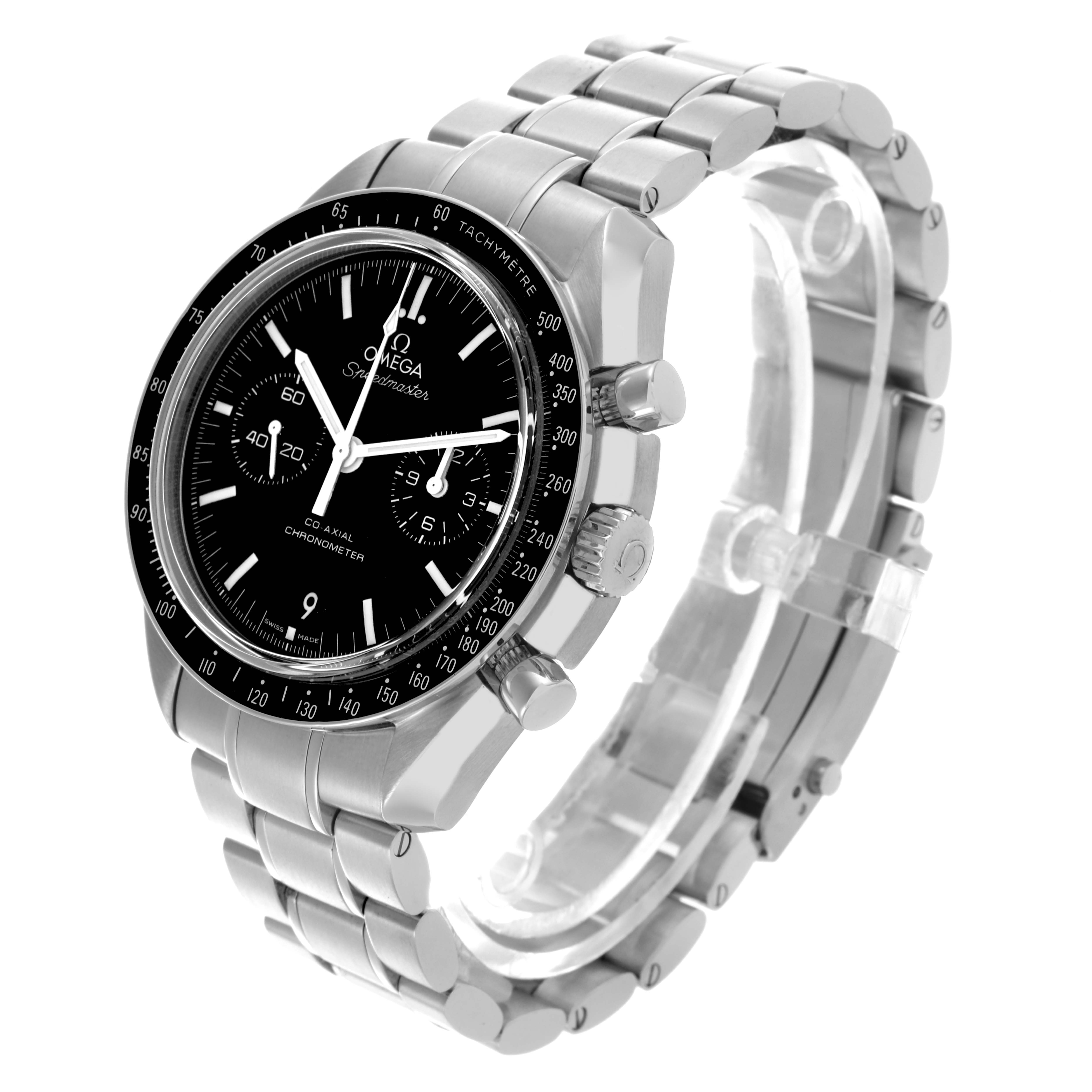 The Omega Seamaster 311.30.44.51.01.002 Men's Stainless Steel Black Dial 311.30.44.51.01.002 Men's Stainless Steel Black Dial watch is shown at an oblique angle, revealing the face, bezel, side buttons, and the metal bracelet.