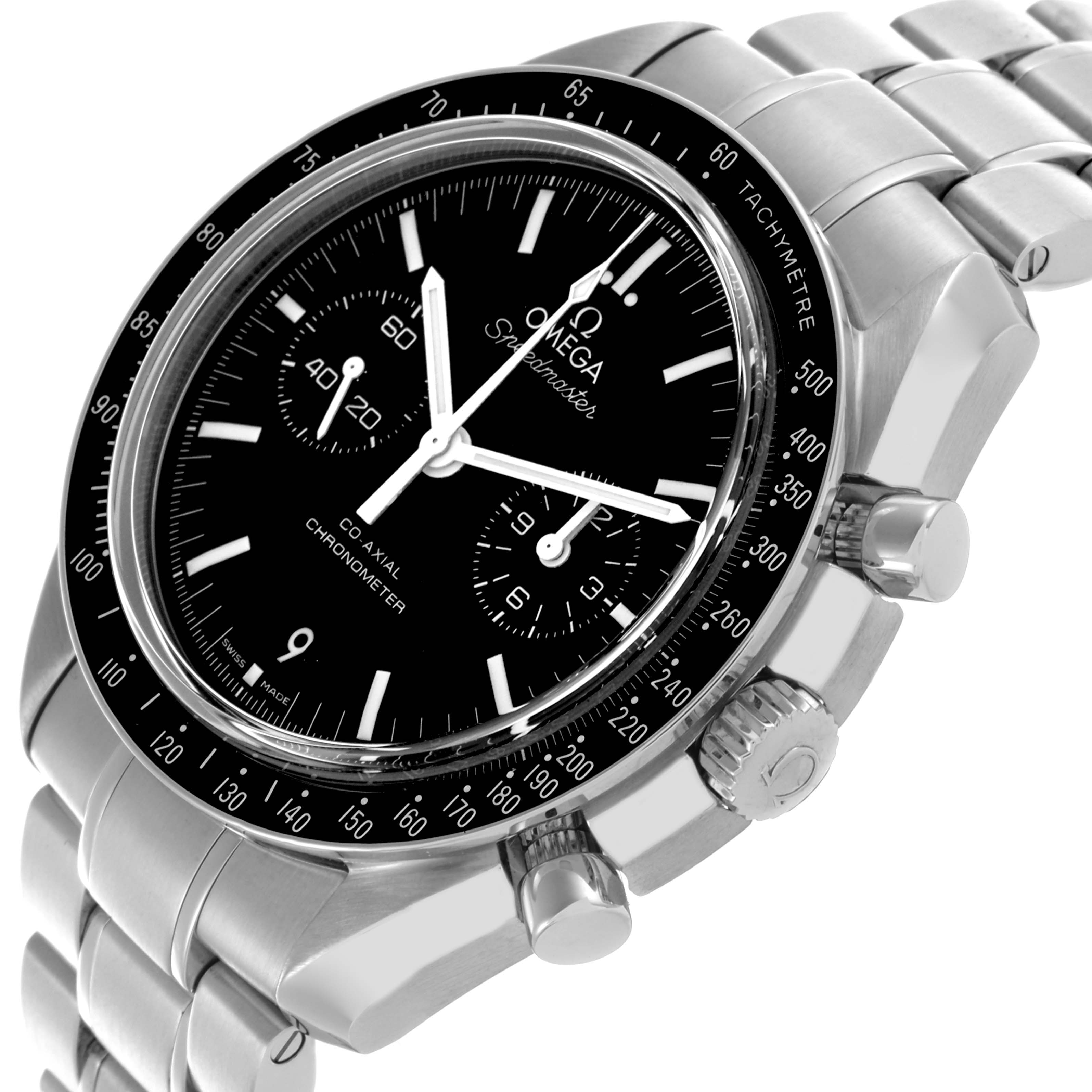 The Omega Seamaster 311.30.44.51.01.002 Men's Stainless Steel Black Dial 311.30.44.51.01.002 Men's Stainless Steel Black Dial watch is shown at an angled view highlighting the dial, bezel, crown, pushers, and stainless steel bracelet.