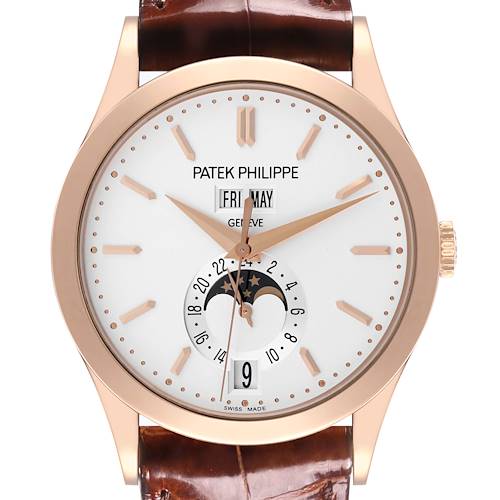 The Patek Philippe Complications 5396R-011 Men's Rose Gold Silver Dial 5396R-011 Men's Rose Gold Silver Dial watch is shown from a front angle, displaying its face, hands, and date functions.