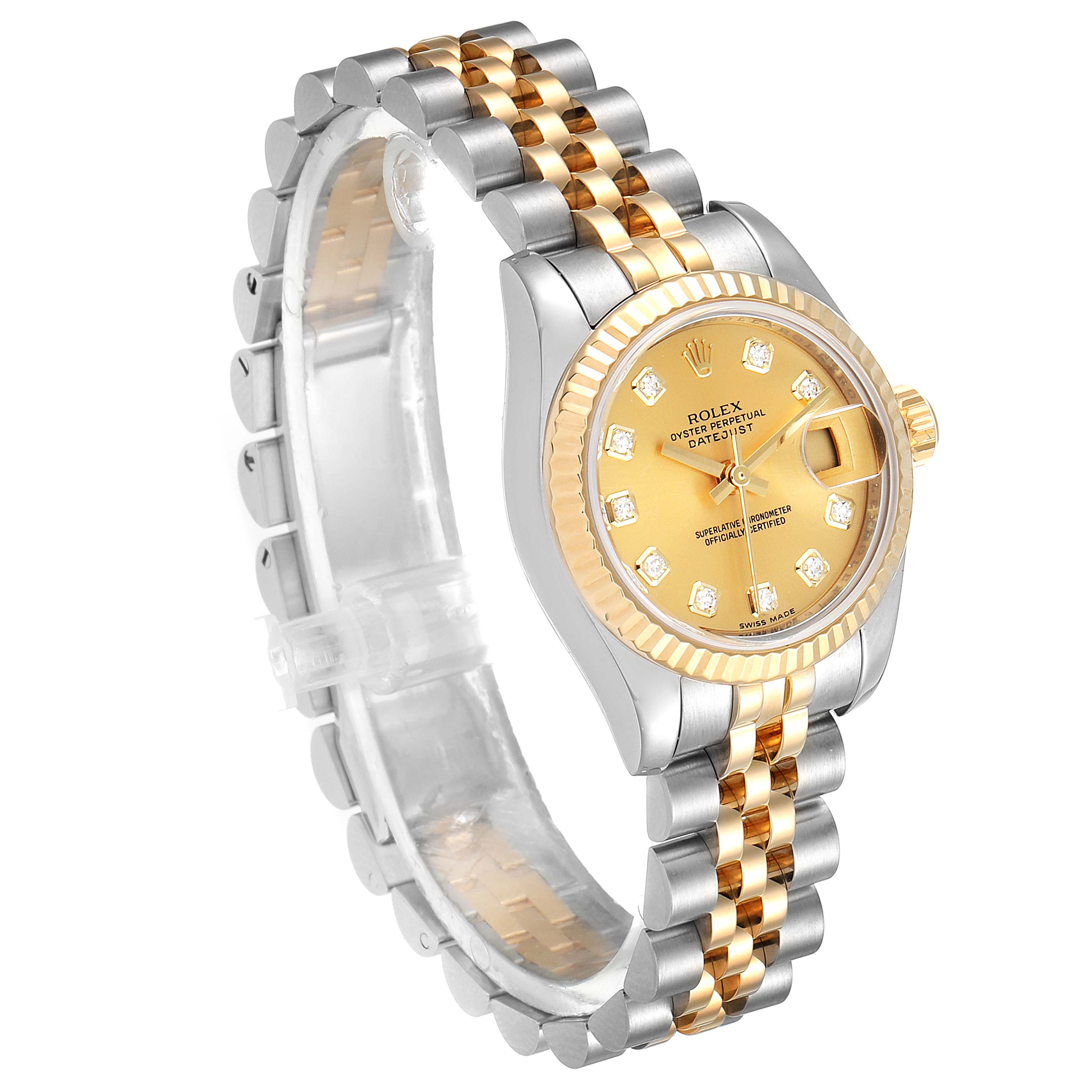 The Rolex Datejust 179173 Women's Steel and Gold (two tone) Champagne Dial 179173 Women's Steel and Gold (two tone) Champagne Dial watch is shown at a three-quarter angle, displaying the dial, bezel, and part of the bracelet.