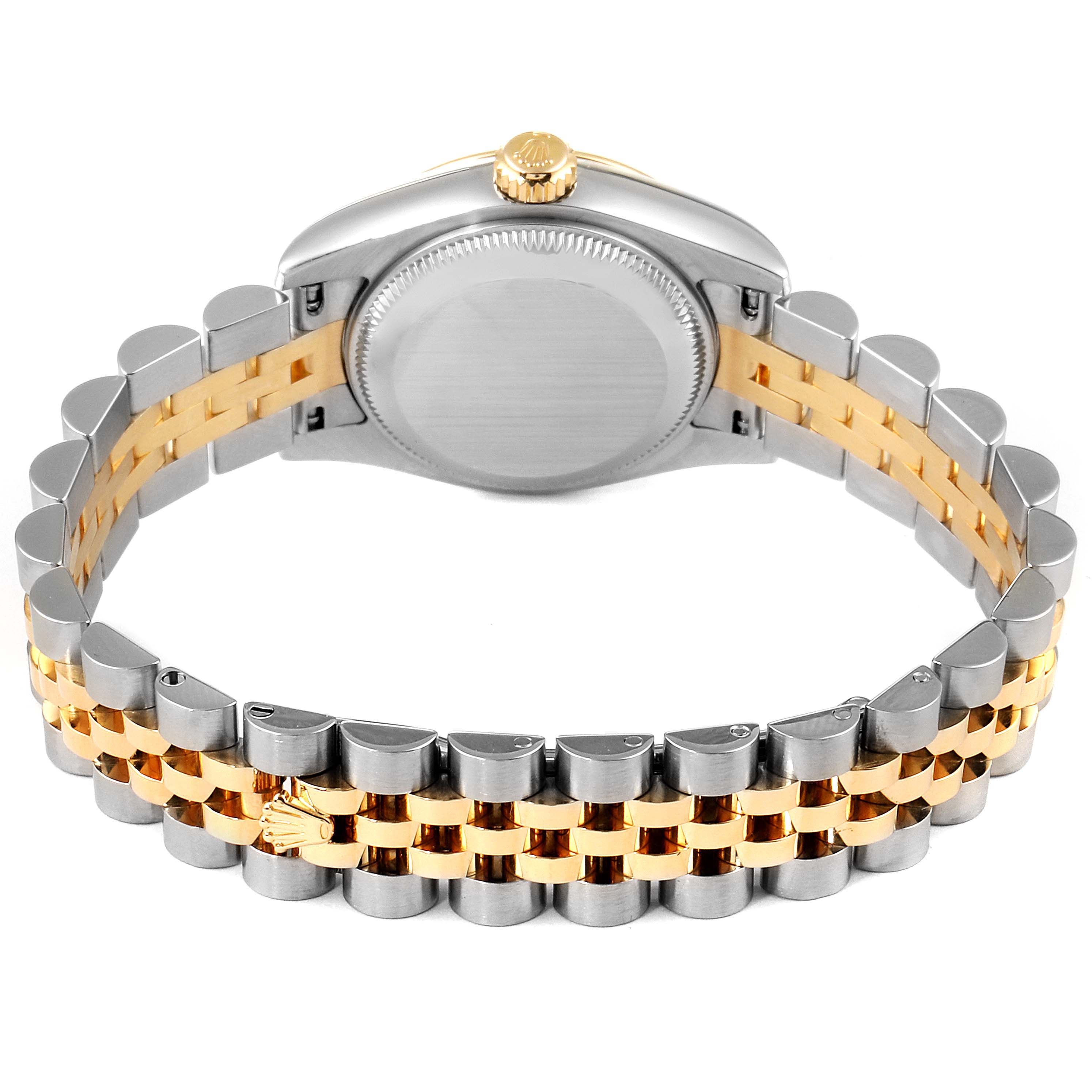 The image shows the back of the Rolex Datejust 179173 Women's Steel and Gold (two tone) Champagne Dial 179173 Women's Steel and Gold (two tone) Champagne Dial watch, including its two-tone Jubilee bracelet and case back.