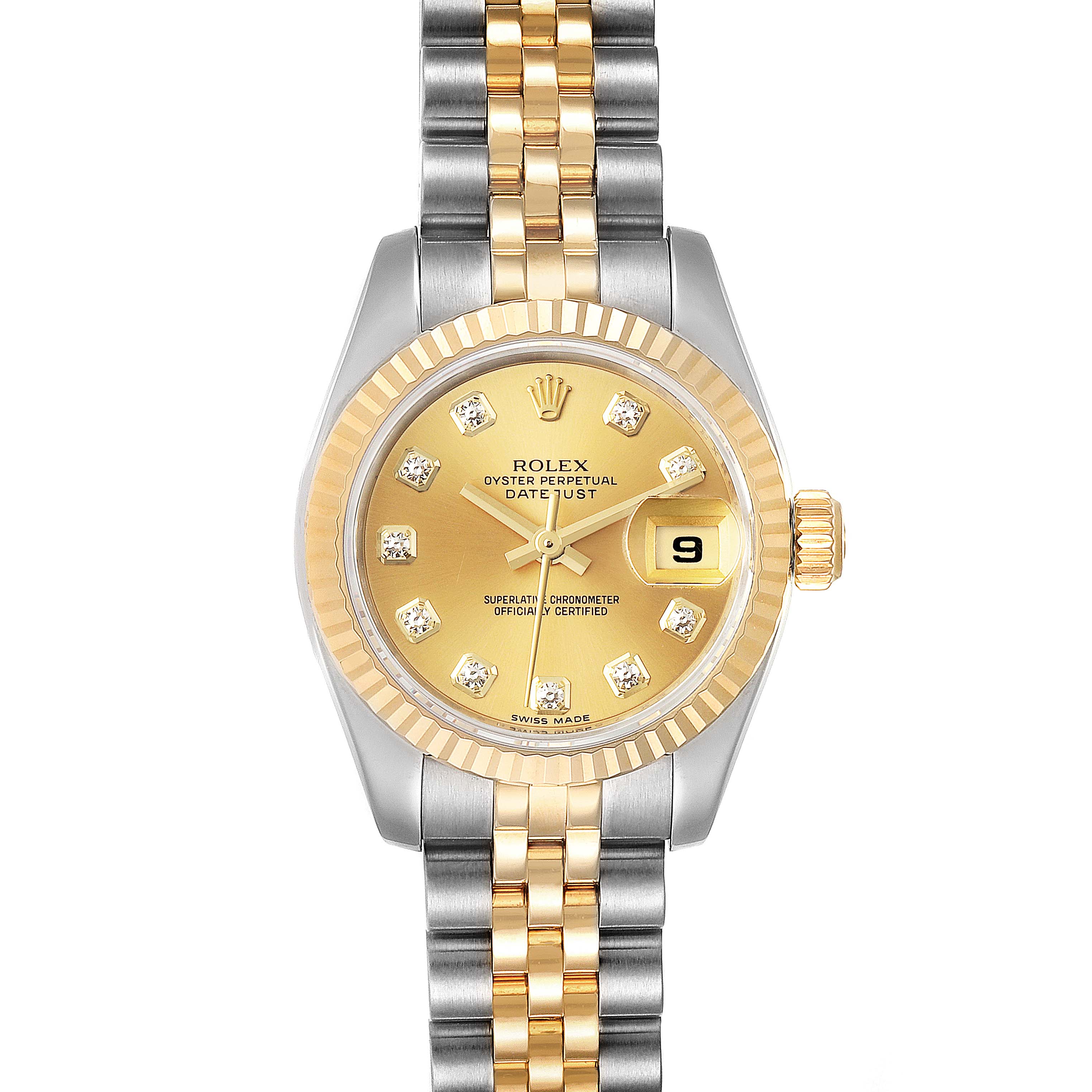 The image shows a front view of a Rolex Datejust 179173 Women's Steel and Gold (two tone) Champagne Dial 179173 Women's Steel and Gold (two tone) Champagne Dial watch displaying its dial, bezel, bracelet, and crown.