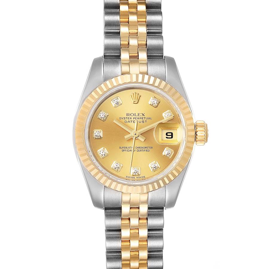 The image shows a front view of a Rolex Datejust 179173 Women's Steel and Gold (two tone) Champagne Dial 179173 Women's Steel and Gold (two tone) Champagne Dial watch displaying its dial, bezel, bracelet, and crown.