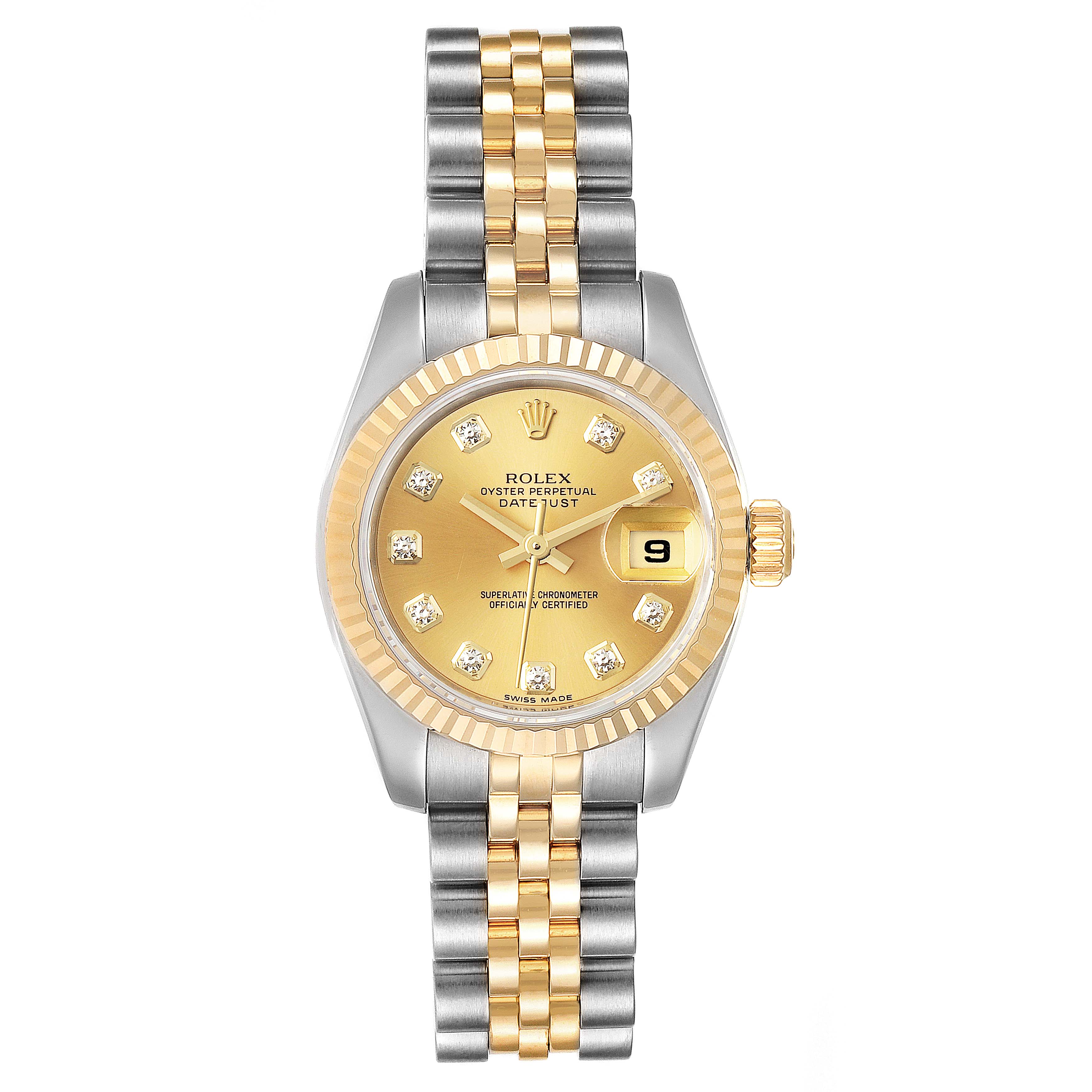 This image shows a frontal view of a Rolex Datejust 179173 Women's Steel and Gold (two tone) Champagne Dial 179173 Women's Steel and Gold (two tone) Champagne Dial watch, featuring its gold dial, gold bezel, and two-tone bracelet.