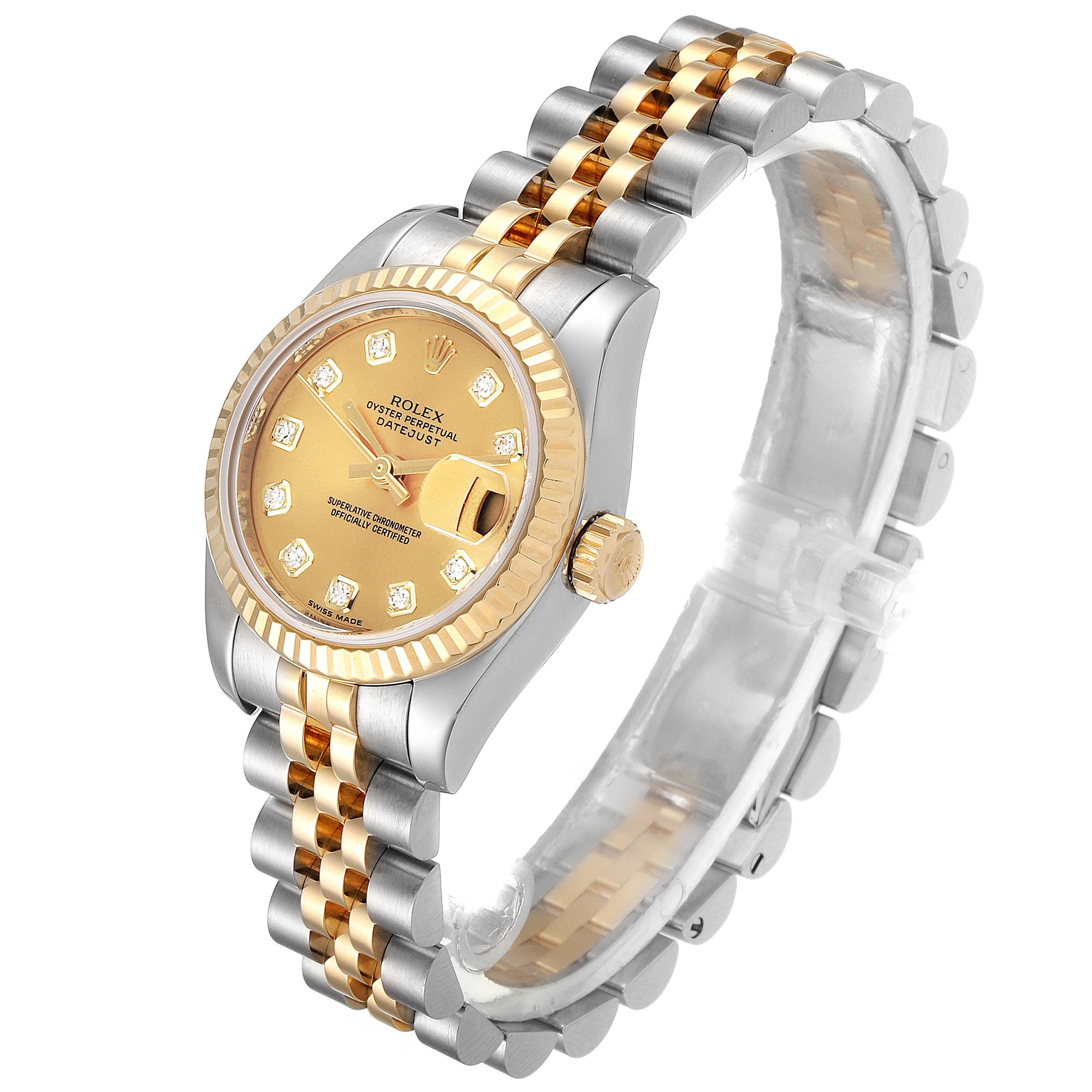 The image shows a Rolex Datejust 179173 Women's Steel and Gold (two tone) Champagne Dial 179173 Women's Steel and Gold (two tone) Champagne Dial watch at an angle highlighting the gold and silver bracelet, the gold dial, and the fluted bezel.