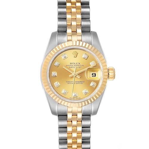 This is a front view of the Rolex Datejust 179173 Women's Steel and Gold (two tone) Champagne Dial 179173 Women's Steel and Gold (two tone) Champagne Dial, showcasing the dial, fluted bezel, two-tone bracelet, and date window.