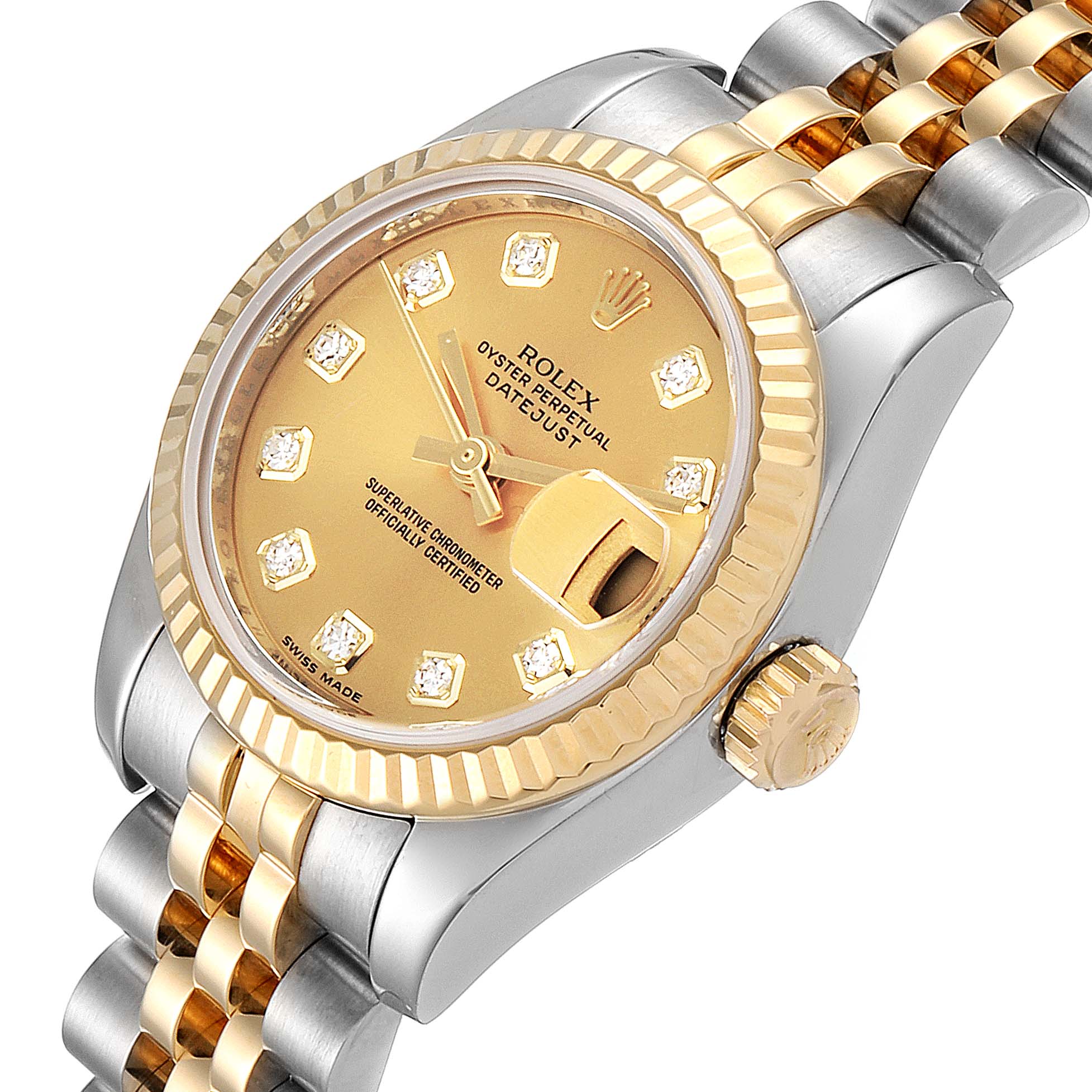 The image shows a Rolex Datejust 179173 Women's Steel and Gold (two tone) Champagne Dial 179173 Women's Steel and Gold (two tone) Champagne Dial watch angled to display its gold dial, diamond hour markers, fluted bezel, and two-tone bracelet.