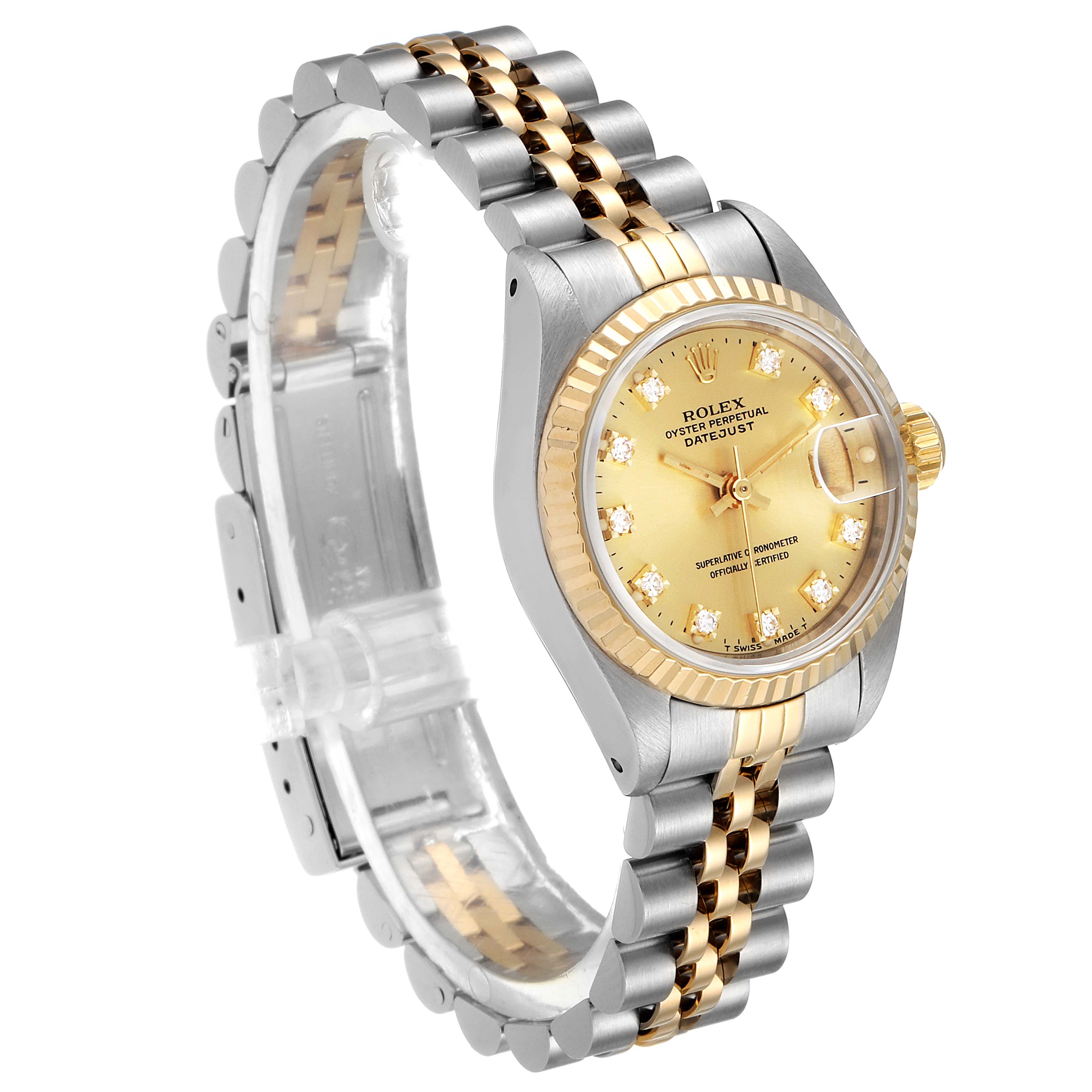 This image shows a Rolex Datejust 69173 Women's Steel and Gold (two tone) Champagne Dial 69173 Women's Steel and Gold (two tone) Champagne Dial watch at an oblique angle, displaying the face, crown, bracelet, and clasp.