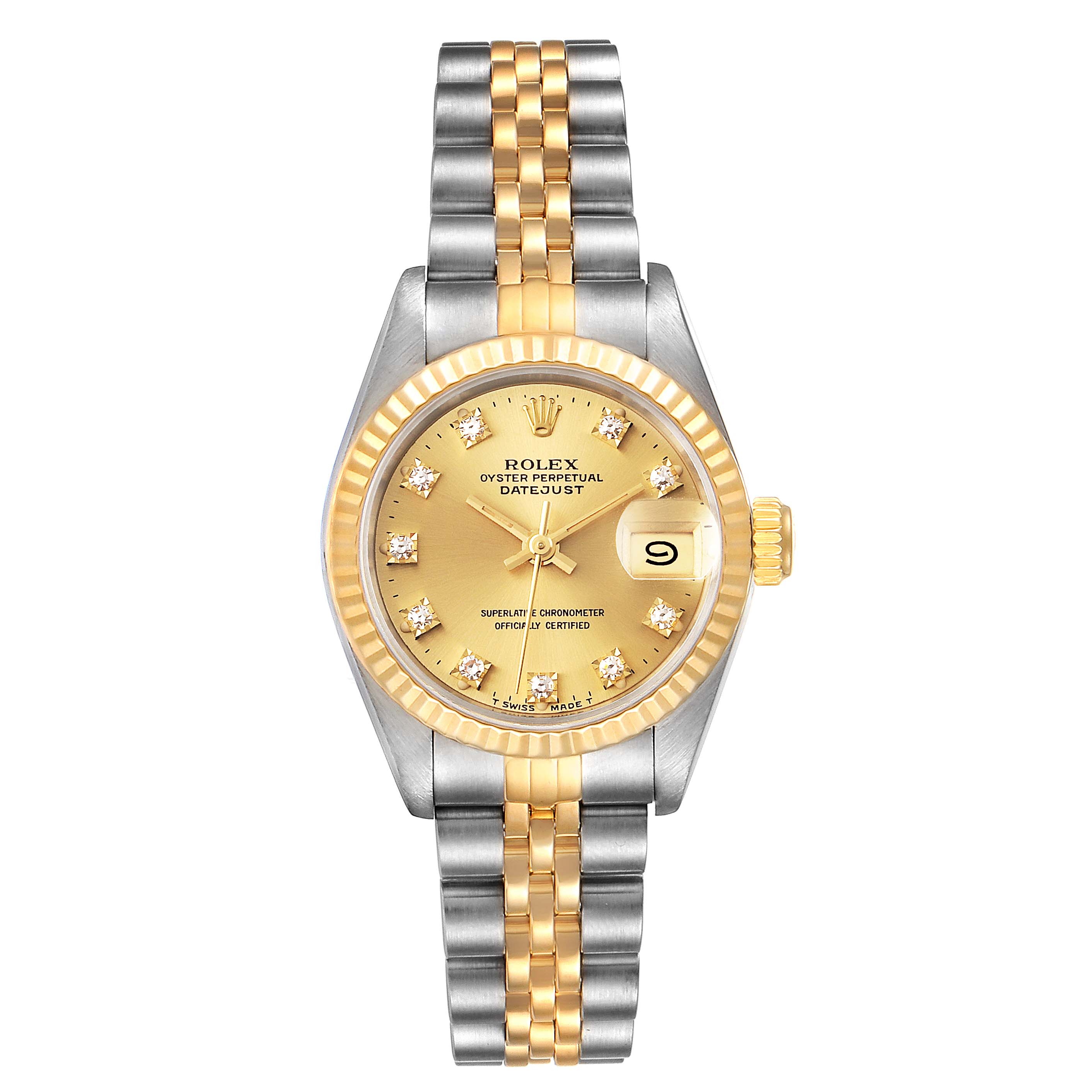 The Rolex Datejust 69173 Women's Steel and Gold (two tone) Champagne Dial 69173 Women's Steel and Gold (two tone) Champagne Dial watch is shown from a top-down angle, highlighting the face, bezel, crown, and bracelet.