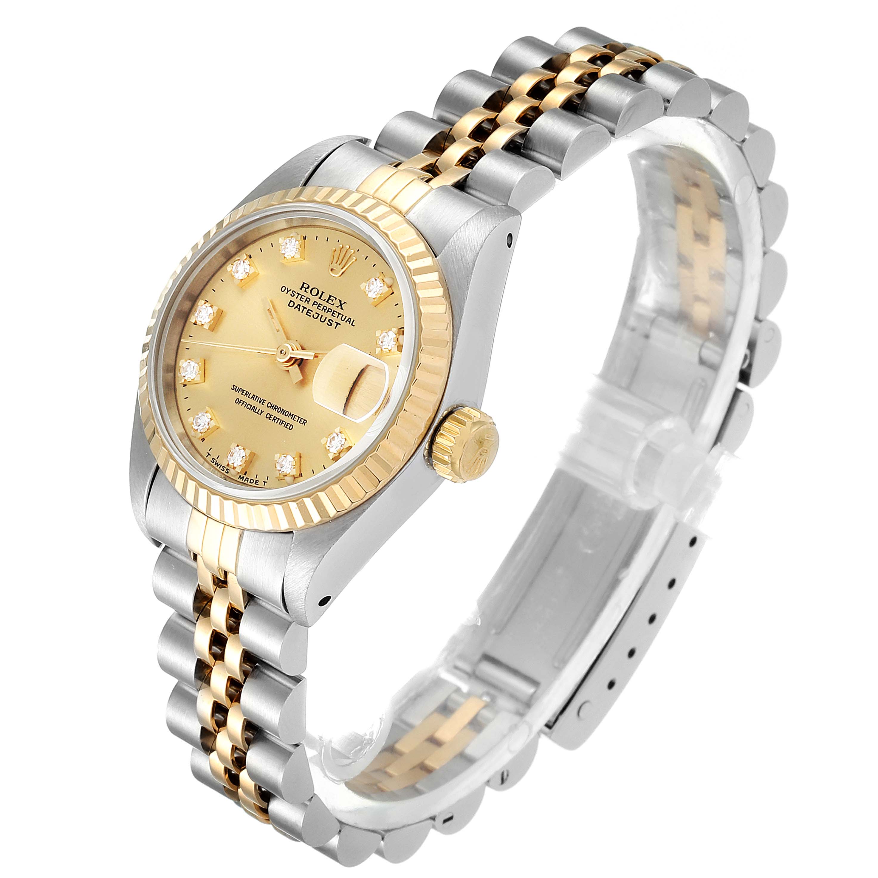 The image shows a Rolex Datejust 69173 Women's Steel and Gold (two tone) Champagne Dial 69173 Women's Steel and Gold (two tone) Champagne Dial watch at an oblique angle, highlighting the dial, case, and jubilee bracelet.