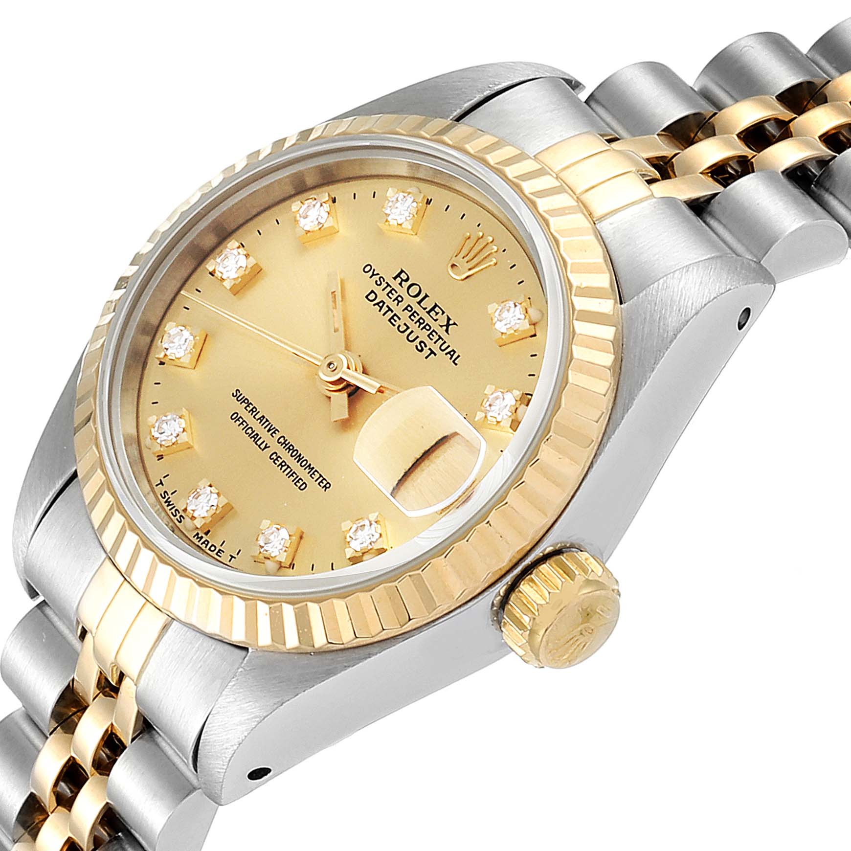The image shows a close-up, angled view of the Rolex Datejust 69173 Women's Steel and Gold (two tone) Champagne Dial 69173 Women's Steel and Gold (two tone) Champagne Dial watch, highlighting the dial, bezel, crown, and part of the bracelet.