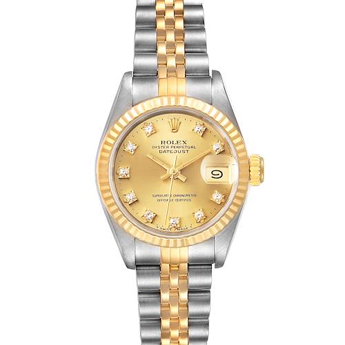 The Rolex Datejust 69173 Women's Steel and Gold (two tone) Champagne Dial 69173 Women's Steel and Gold (two tone) Champagne Dial watch is shown from a top-down view, revealing its two-tone bracelet, fluted bezel, gold dial with diamond markers, and date window.