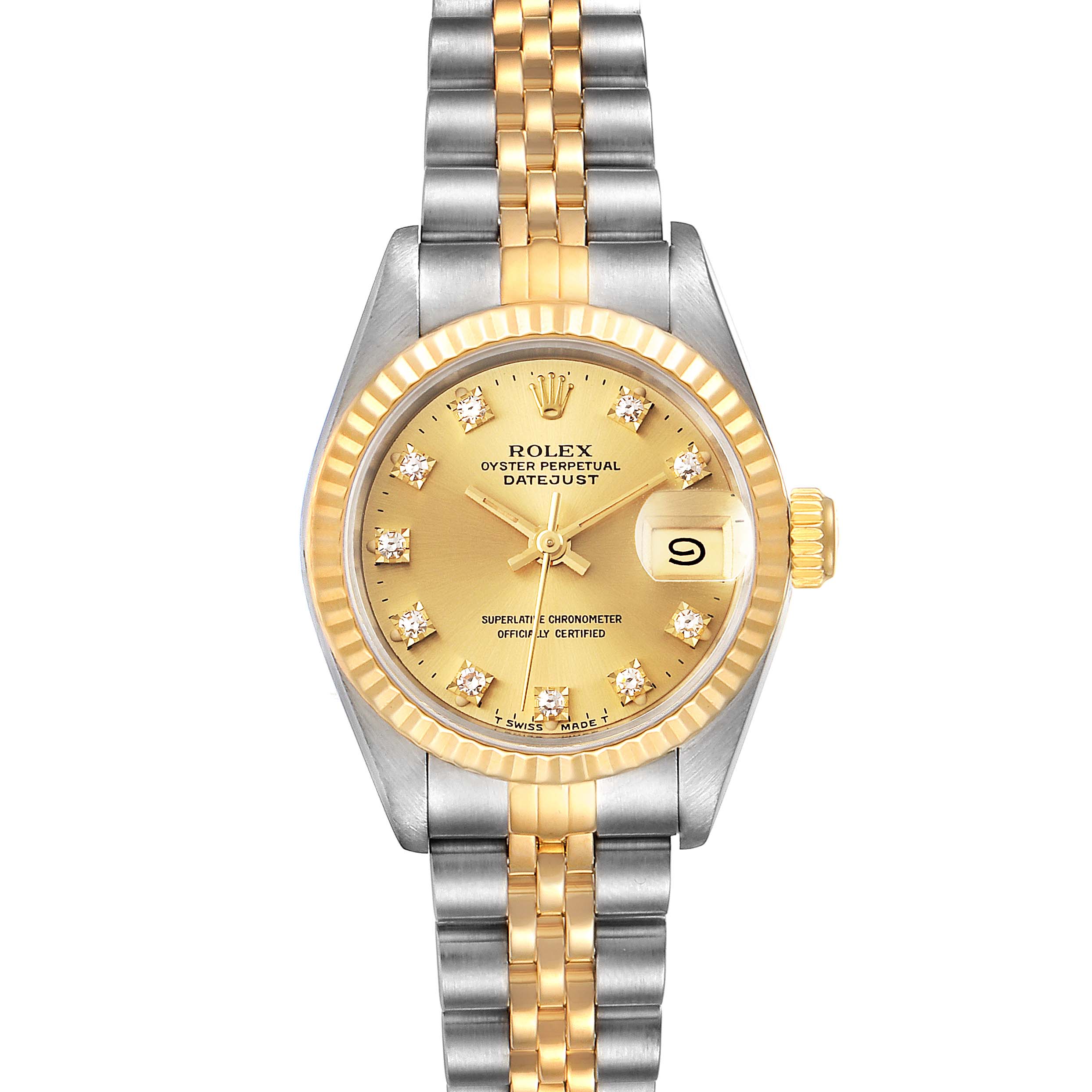 The image shows a frontal view of a Rolex Datejust 69173 Women's Steel and Gold (two tone) Champagne Dial 69173 Women's Steel and Gold (two tone) Champagne Dial watch, highlighting its gold dial, two-tone bracelet, and date display.