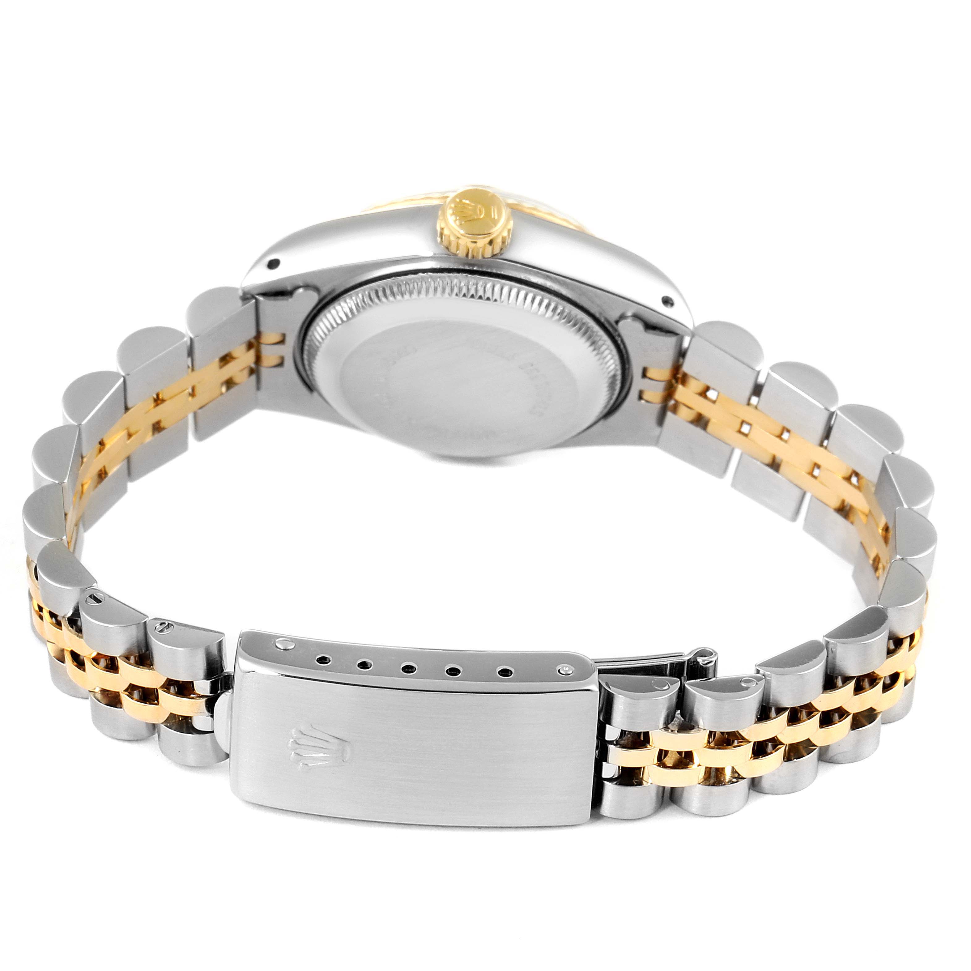 This Rolex Datejust 69173 Women's Steel and Gold (two tone) Champagne Dial 69173 Women's Steel and Gold (two tone) Champagne Dial watch is shown from the back, illustrating the clasp, bracelet, and case back.