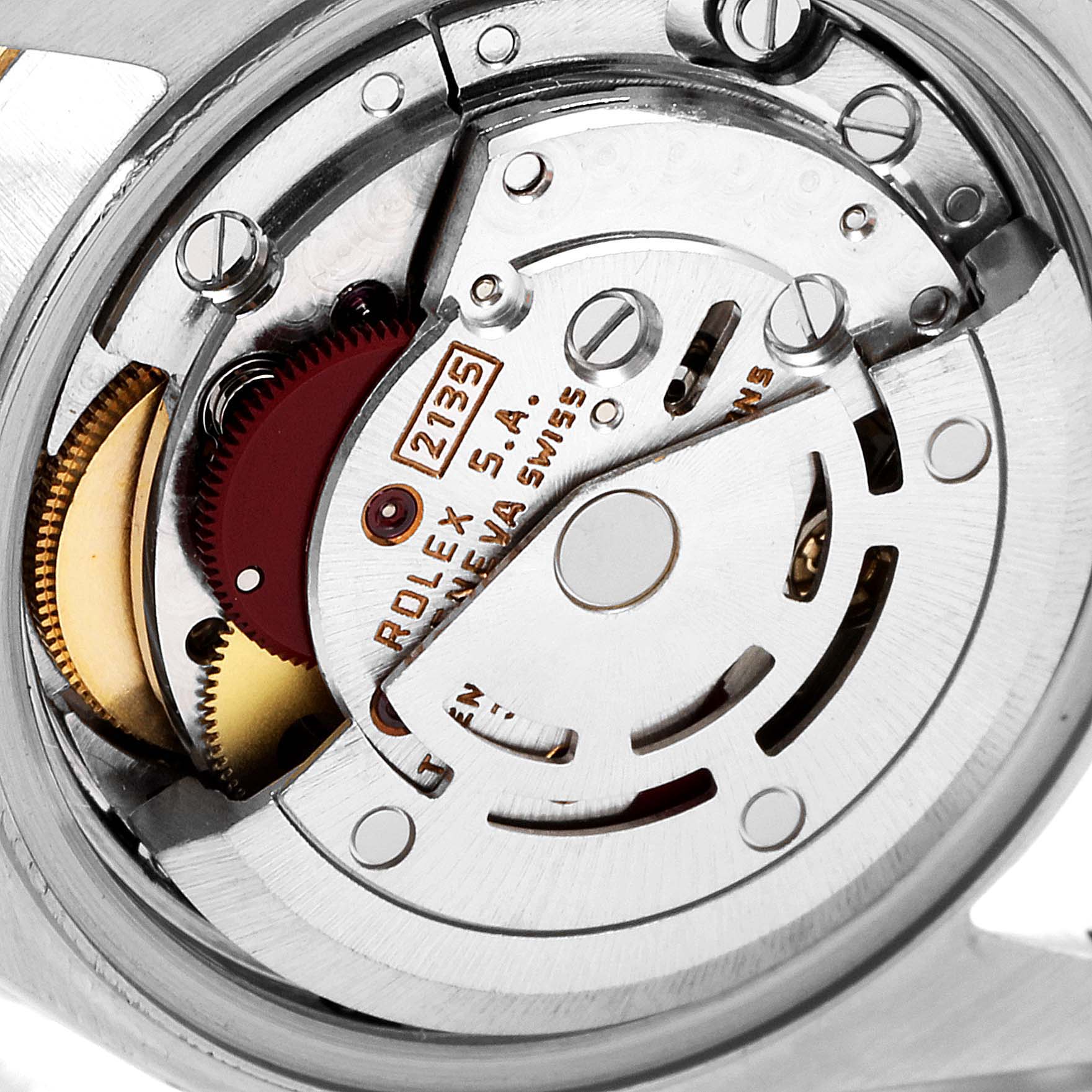 This close-up shows the internal movement mechanism of a Rolex Datejust 69173 Women's Steel and Gold (two tone) Champagne Dial 69173 Women's Steel and Gold (two tone) Champagne Dial watch, highlighting intricate gears and components.