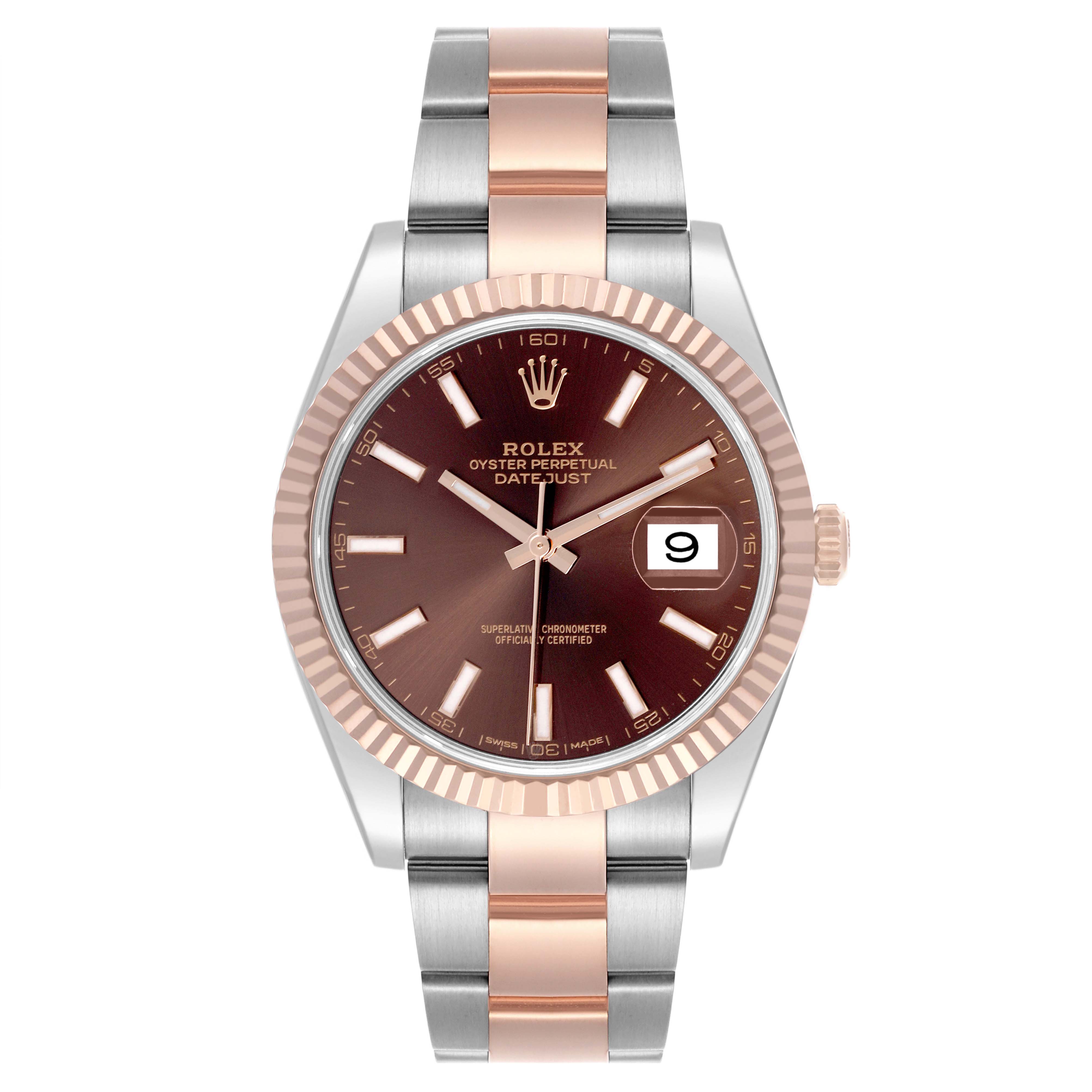 The Rolex Datejust 41 126331 Men's Steel and Gold (two tone) Brown Dial 126331 Men's Steel and Gold (two tone) Brown Dial is shown from the front, highlighting the dial, bezel, crown, and two-tone bracelet.