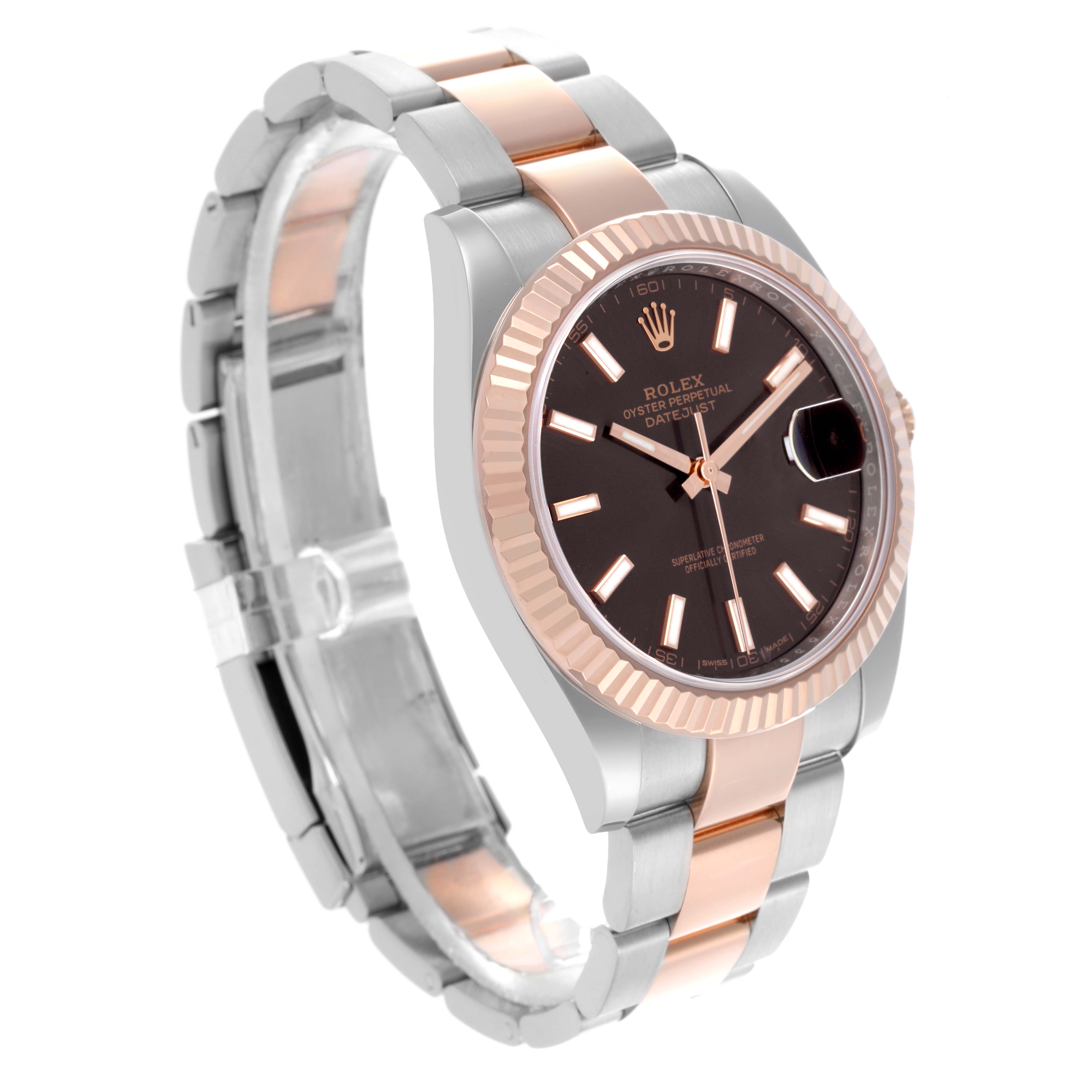 The Rolex Datejust 41 126331 Men's Steel and Gold (two tone) Brown Dial 126331 Men's Steel and Gold (two tone) Brown Dial is shown at a slight side angle, highlighting the bezel, dial, bracelet, and clasp.