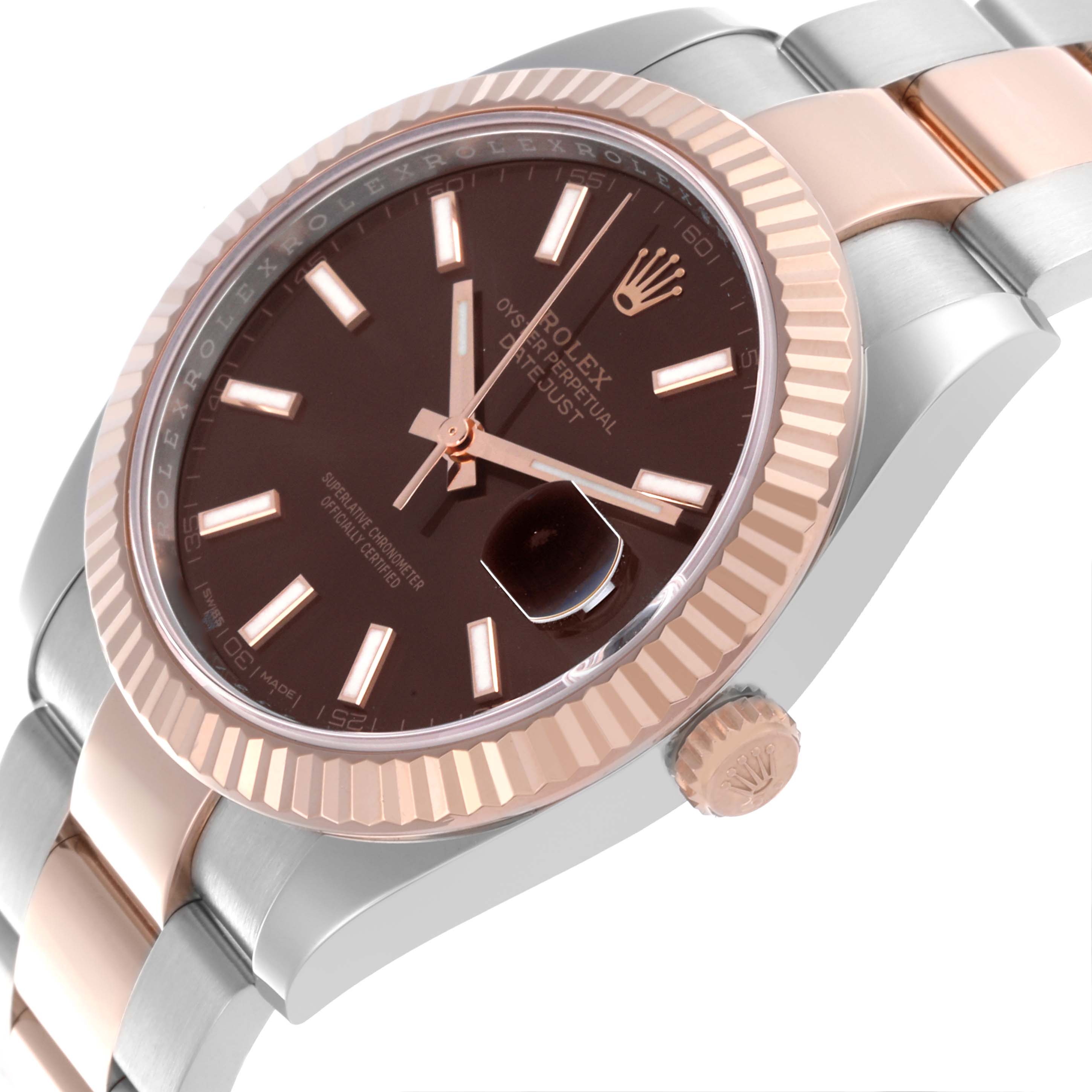 The image shows a side view of the Rolex Datejust 41 126331 Men's Steel and Gold (two tone) Brown Dial 126331 Men's Steel and Gold (two tone) Brown Dial, highlighting the face, fluted bezel, bracelet, and crown.
