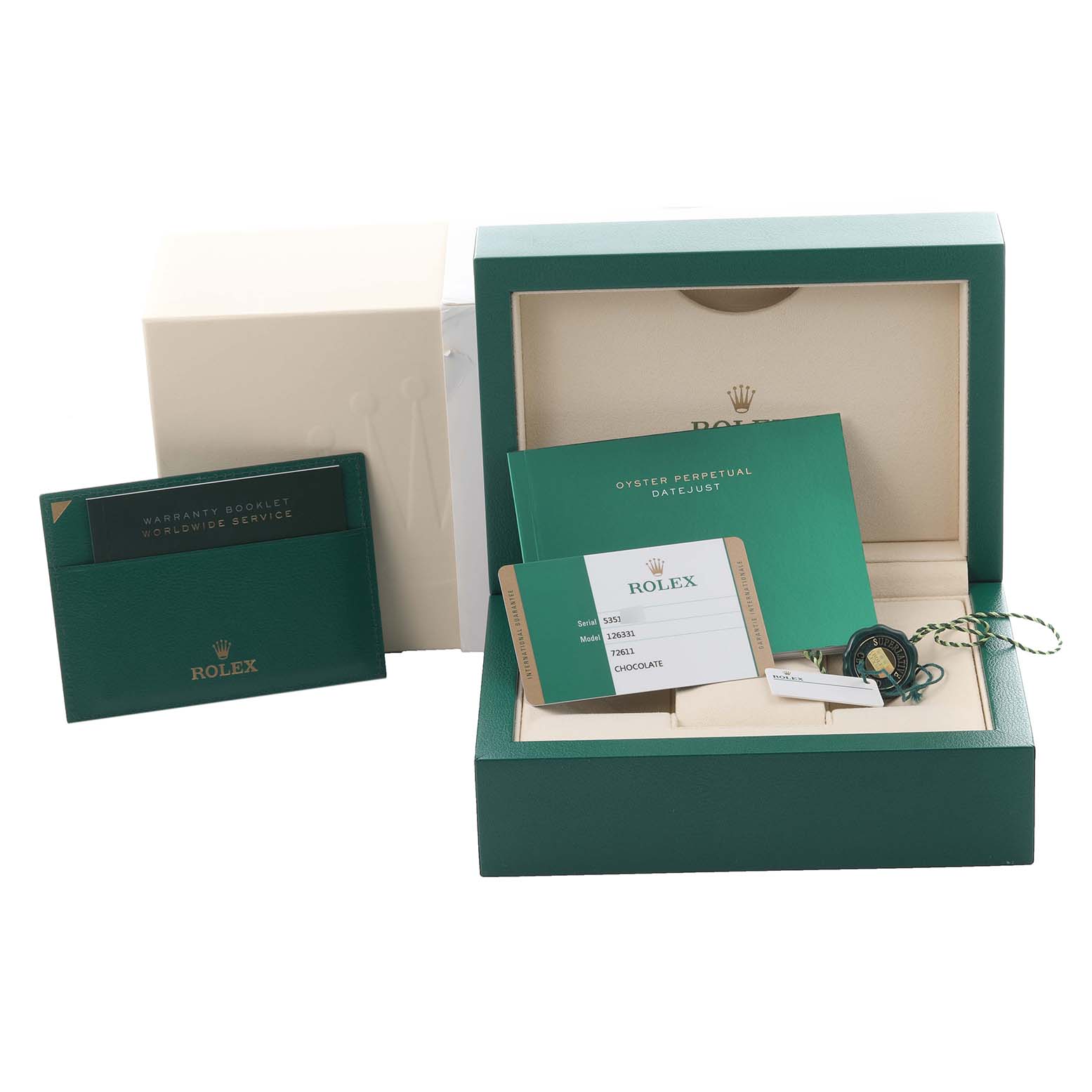 The image shows the packaging and warranty documents for a Rolex Datejust 41 126331 Men's Steel and Gold (two tone) Brown Dial 126331 Men's Steel and Gold (two tone) Brown Dial watch.
