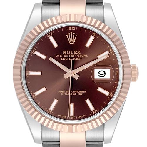The Rolex Datejust 41 126331 Men's Steel and Gold (two tone) Brown Dial 126331 Men's Steel and Gold (two tone) Brown Dial watch is shown from a front angle, highlighting the bezel, dial, and part of the bracelet.