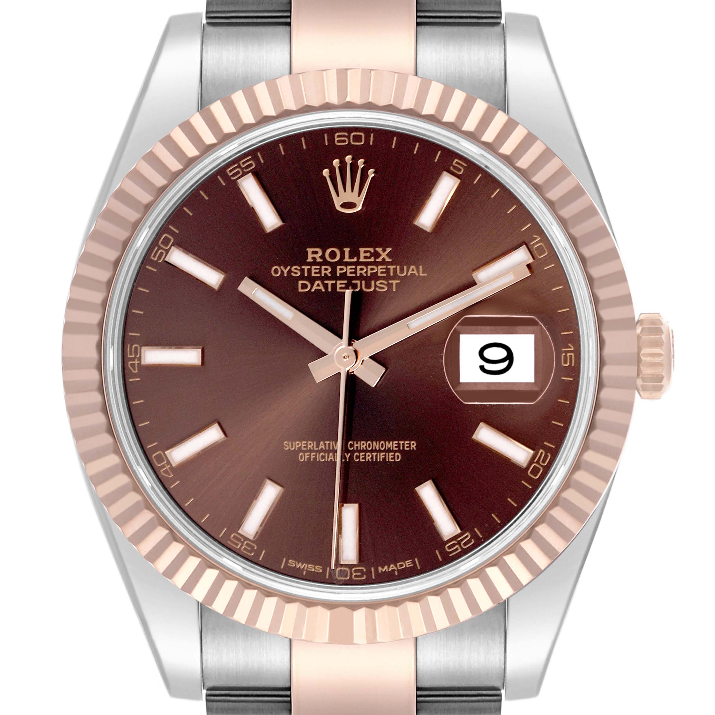 The Rolex Datejust 41 126331 Men's Steel and Gold (two tone) Brown Dial 126331 Men's Steel and Gold (two tone) Brown Dial watch is shown from the front, highlighting its dial, hands, and fluted bezel.