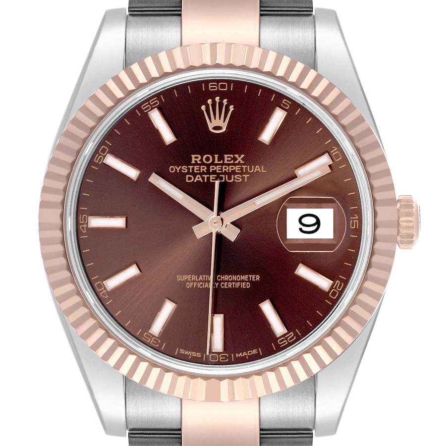 The Rolex Datejust 41 126331 Men's Steel and Gold (two tone) Brown Dial 126331 Men's Steel and Gold (two tone) Brown Dial watch is shown from the front, highlighting its dial, hands, and fluted bezel.