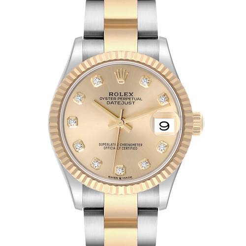 The Rolex Datejust watch is shown from a front view, displaying its dial, bezel, and part of the bracelet.