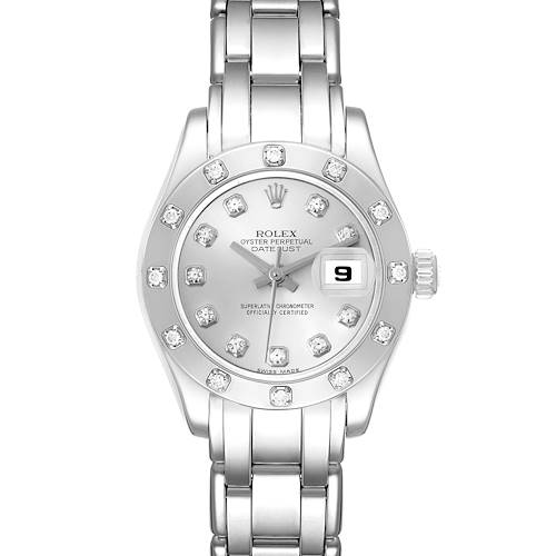 The Rolex Pearlmaster 80319 Women's White Gold Silver Dial 80319 Women's White Gold Silver Dial watch is shown from a top-down angle, displaying the dial, bezel, crown, and bracelet.