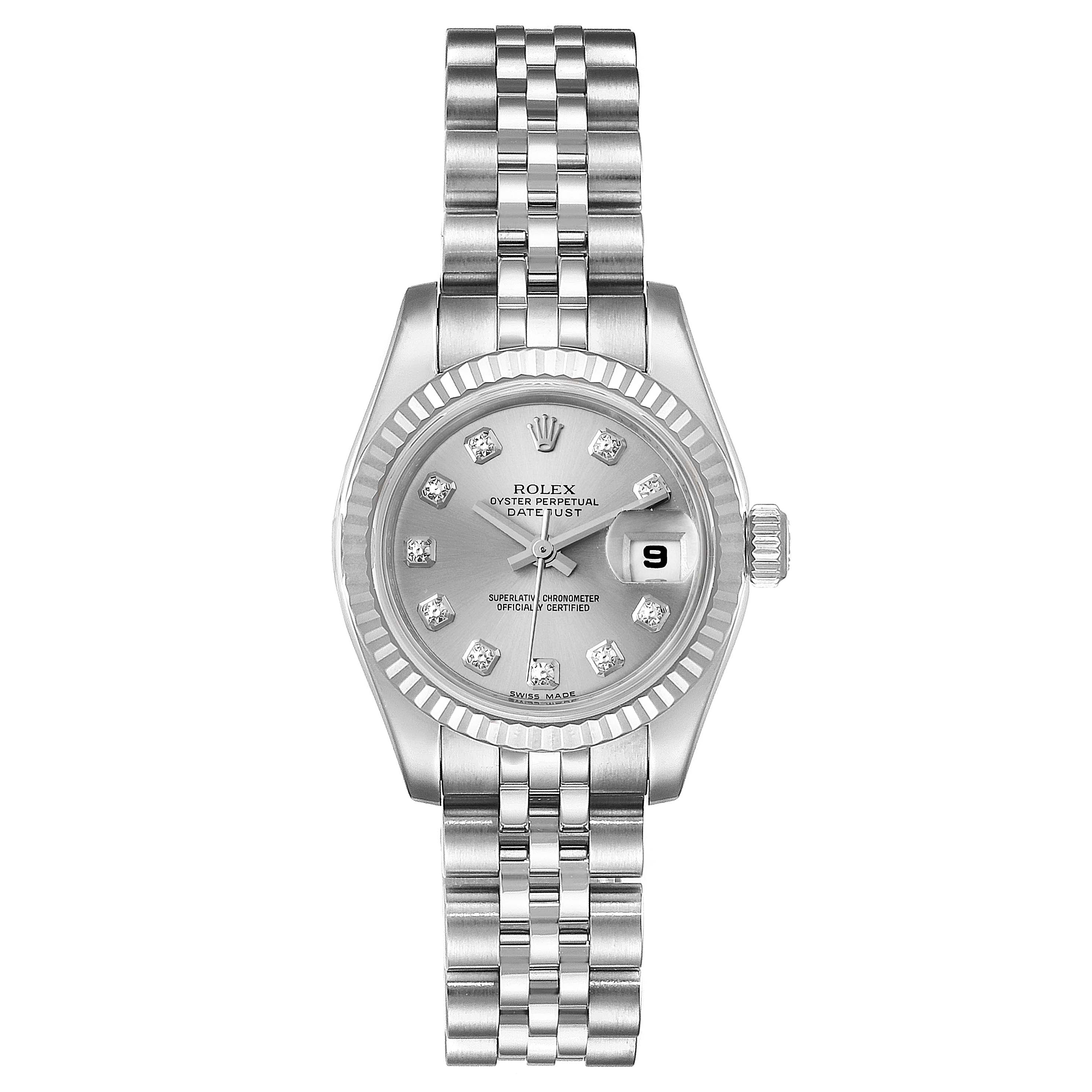 The Rolex Datejust 179174 Women's Stainless Steel Silver Dial 179174 Women's Stainless Steel Silver Dial model is shown from a top-down angle, highlighting its bracelet, bezel, dial, and crown.