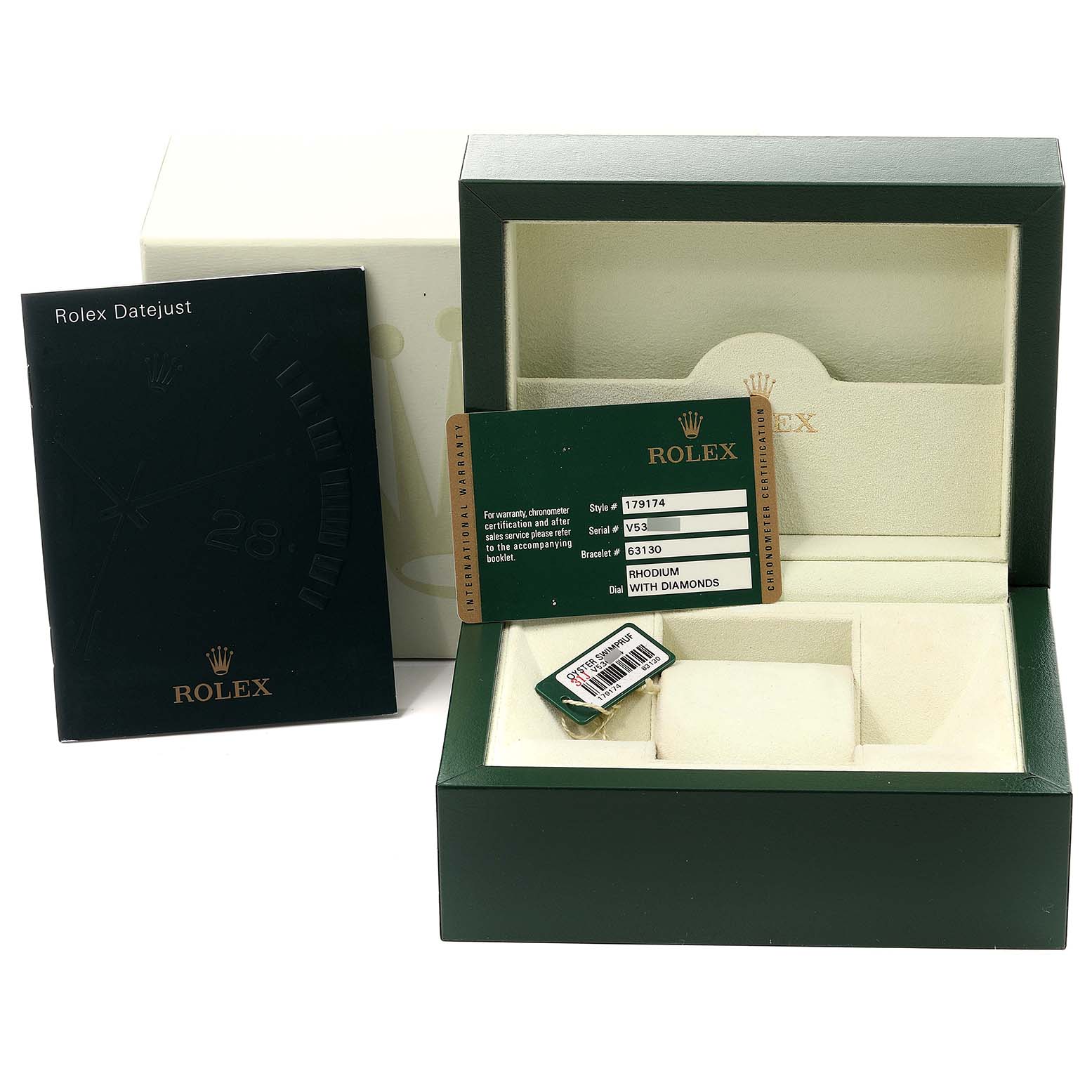 This image shows the packaging, warranty card, and manual for the Rolex Datejust 179174 Women's Stainless Steel Silver Dial 179174 Women's Stainless Steel Silver Dial watch model.