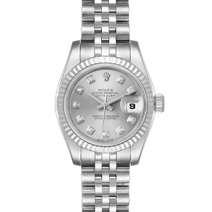 The image shows a front view of a Rolex Datejust 179174 Women's Stainless Steel Silver Dial 179174 Women's Stainless Steel Silver Dial watch, displaying the dial, bracelet, and fluted bezel.