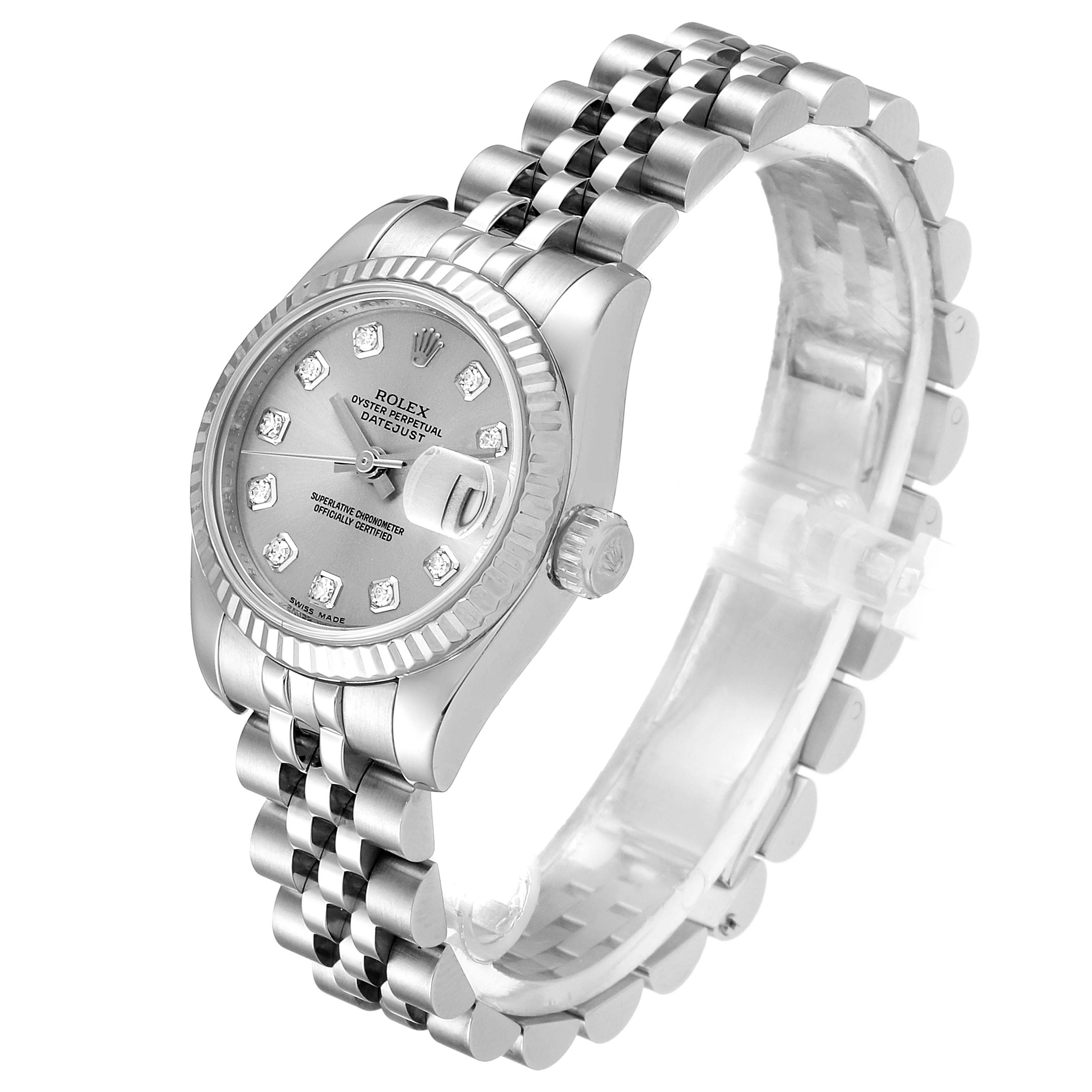 The image shows a Rolex Datejust 179174 Women's Stainless Steel Silver Dial 179174 Women's Stainless Steel Silver Dial watch at an angled side view, highlighting its bezel, dial, crown, and jubilee bracelet.
