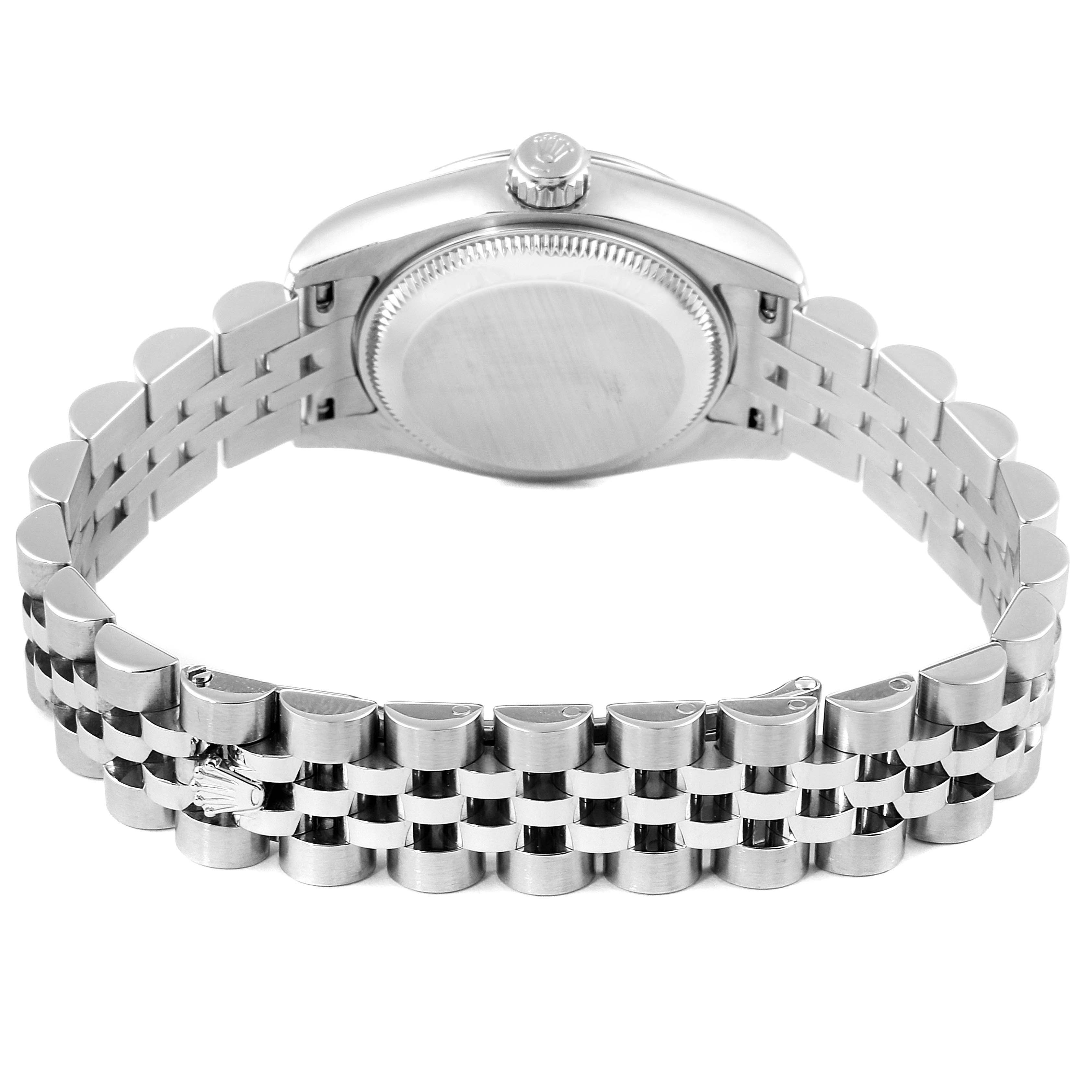 The image shows the back view of a Rolex Datejust 179174 Women's Stainless Steel Silver Dial 179174 Women's Stainless Steel Silver Dial watch, highlighting its bracelet and case back.