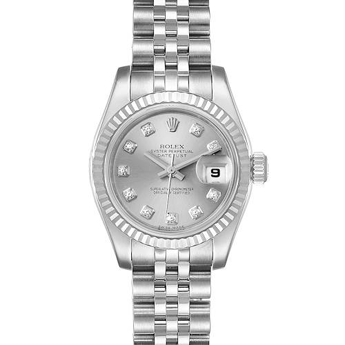 This Rolex Datejust 179174 Women's Stainless Steel Silver Dial 179174 Women's Stainless Steel Silver Dial watch is shown from a direct front angle, displaying its dial, bezel, case, and bracelet.