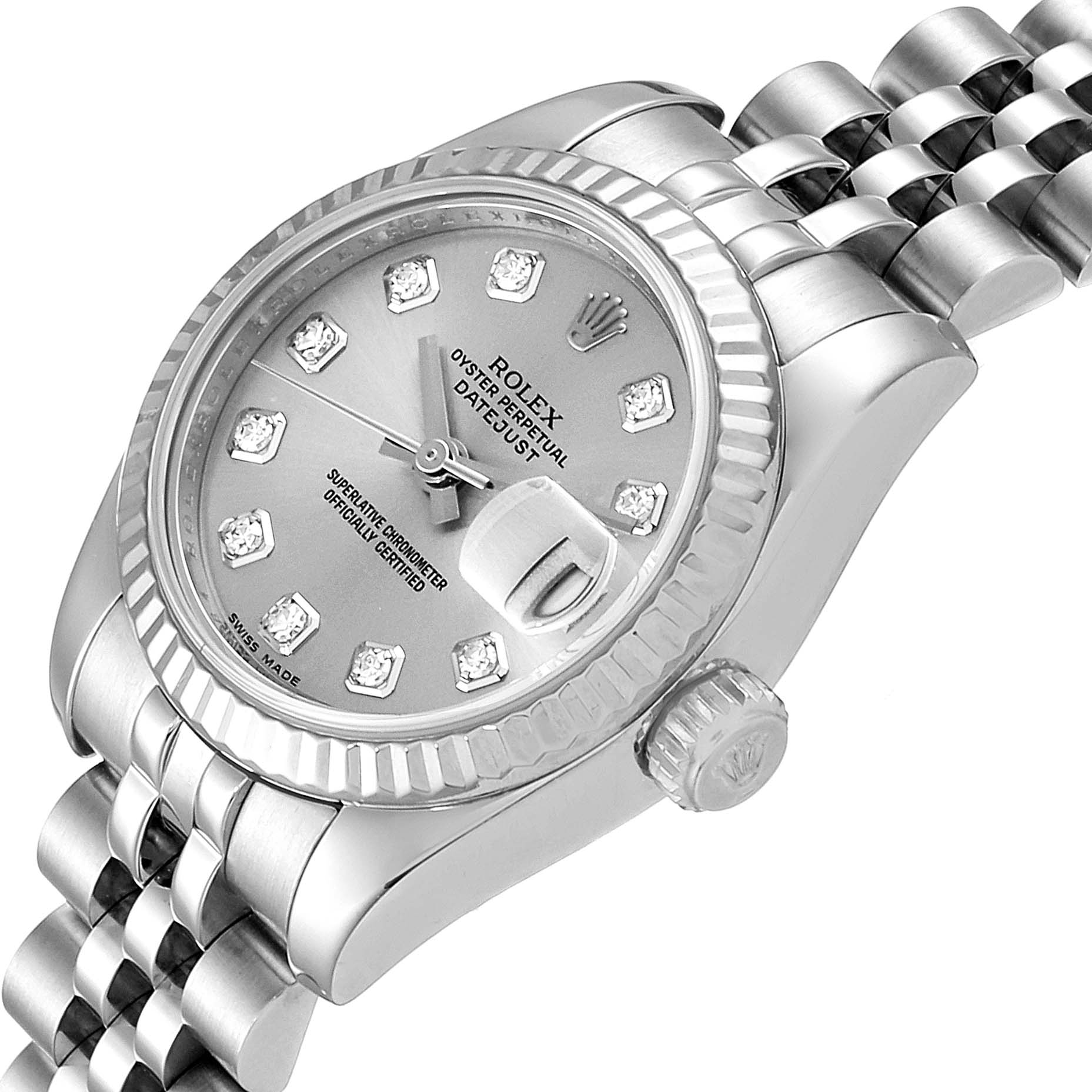 The image shows a Rolex Datejust 179174 Women's Stainless Steel Silver Dial 179174 Women's Stainless Steel Silver Dial watch at a slight angle, highlighting the face, bezel, crown, and part of the bracelet.