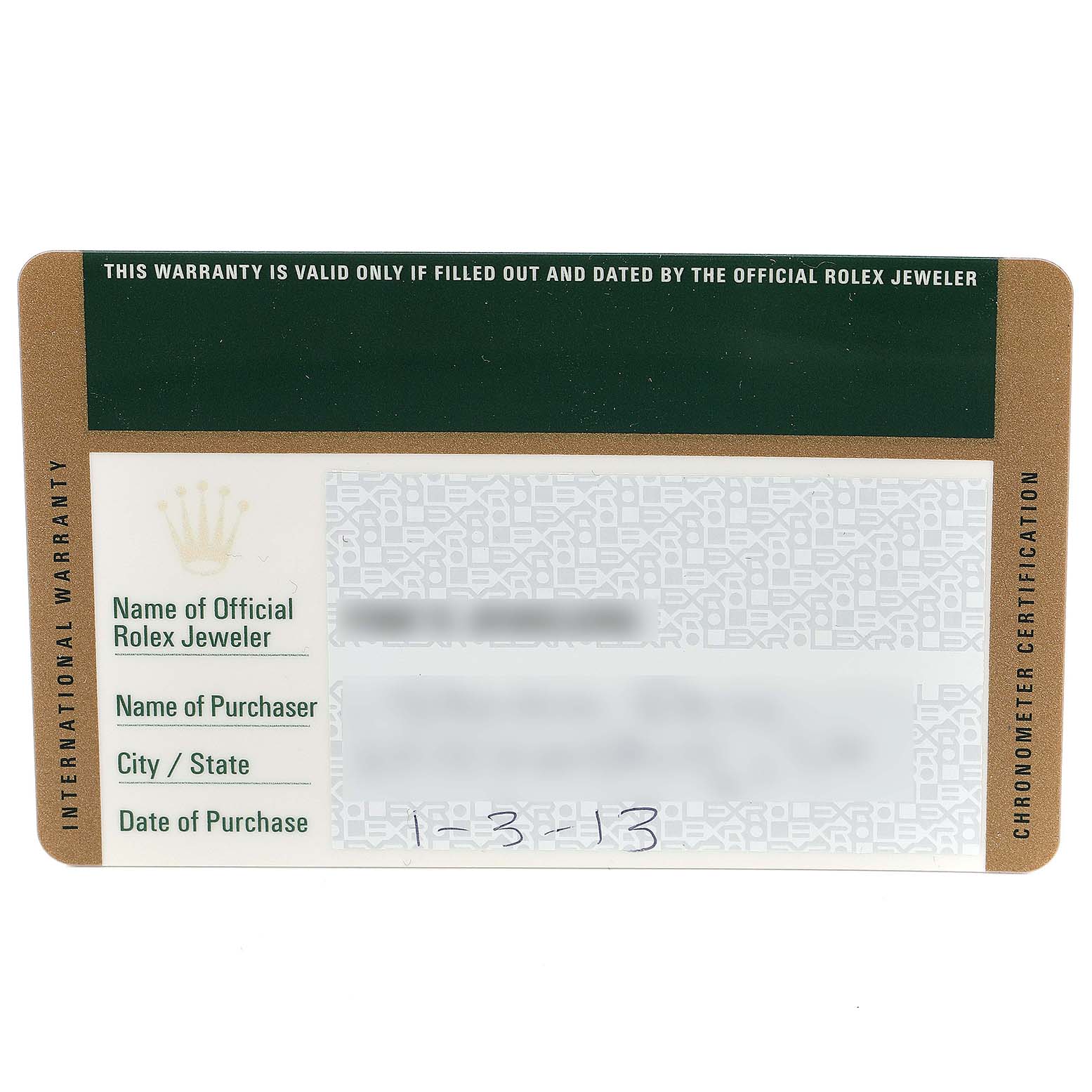 This is an image of the warranty card for the Rolex Datejust 179174 Women's Stainless Steel Silver Dial 179174 Women's Stainless Steel Silver Dial model.