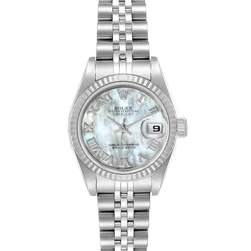 The Rolex Datejust 79174 Women's Stainless Steel Mother of Pearl Dial 79174 Women's Stainless Steel Mother of Pearl Dial watch is shown from the front, highlighting its dial, bezel, and bracelet.
