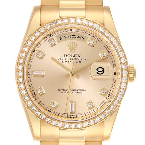 The Rolex President 118348 Men's Yellow Gold Champagne Dial 118348 Men's Yellow Gold Champagne Dial model is shown from a front angle, highlighting the face, bezel, and part of the bracelet.