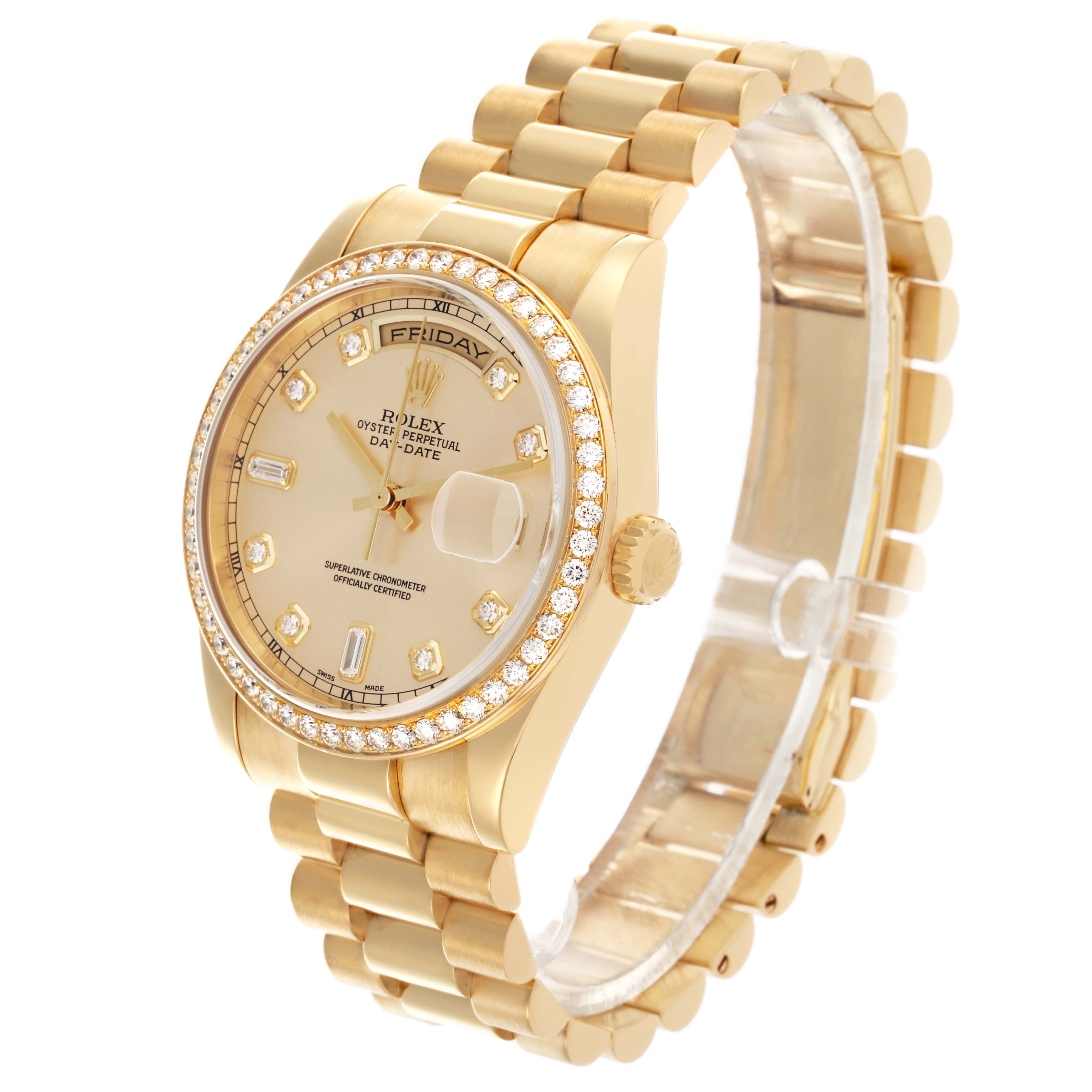 The Rolex President 118348 Men's Yellow Gold Champagne Dial 118348 Men's Yellow Gold Champagne Dial watch is shown at an angle highlighting the face, diamond bezel, and gold bracelet.